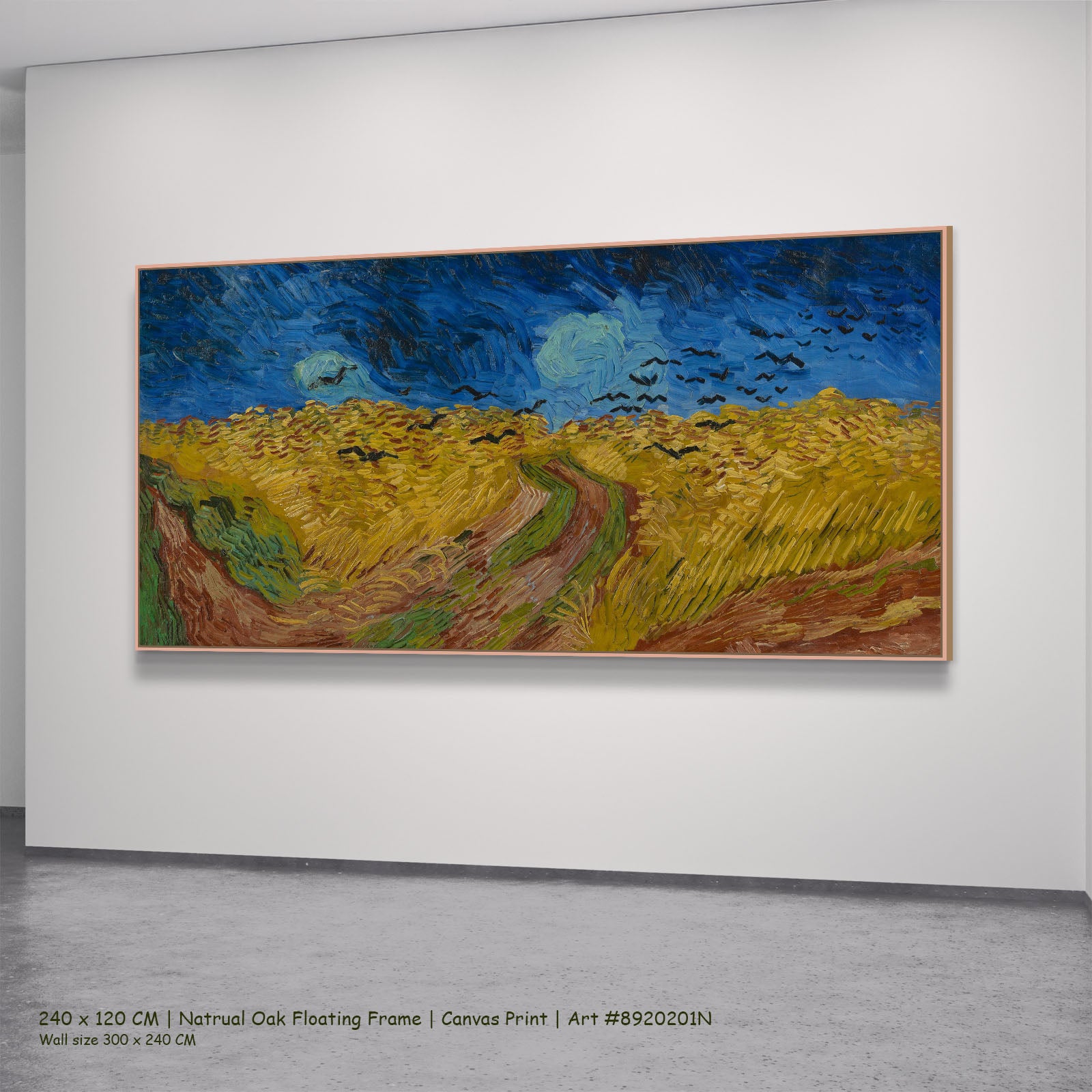 Wheatfield with Crows by Vincent van Gogh in a natural oak floating frame, large blue and yellow Impressionist canvas
