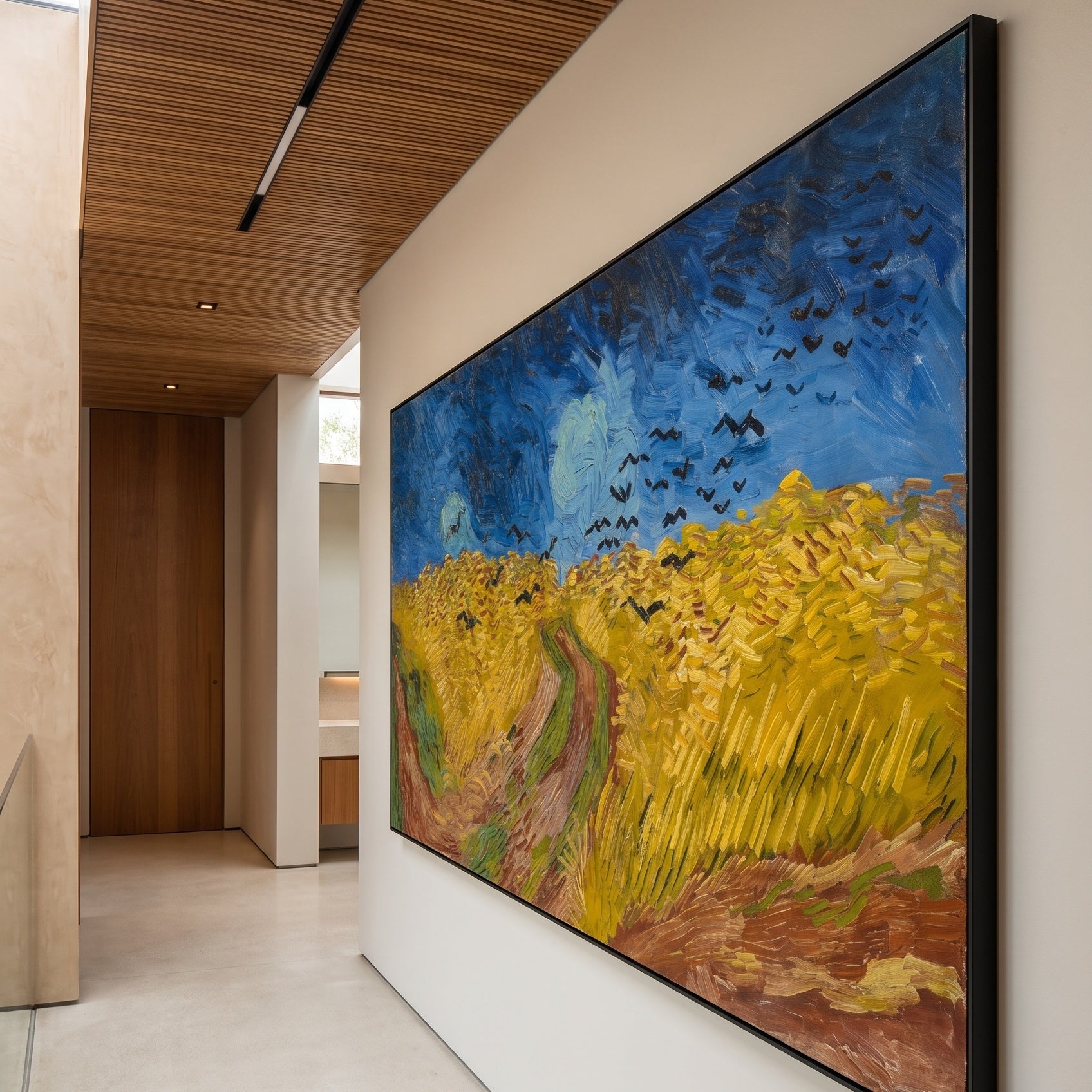 Wheatfield with Crows by Vincent van Gogh — large blue and yellow Impressionist canvas art on a hallway wall