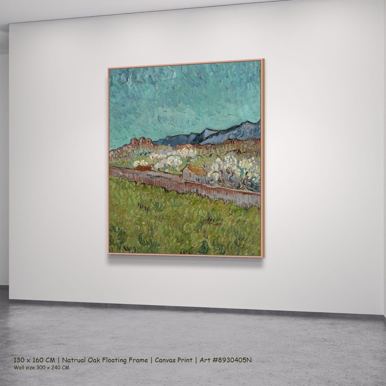View of the Alpilles by Vincent van Gogh in a natural oak floating frame, large aqua and green Impressionist canvas