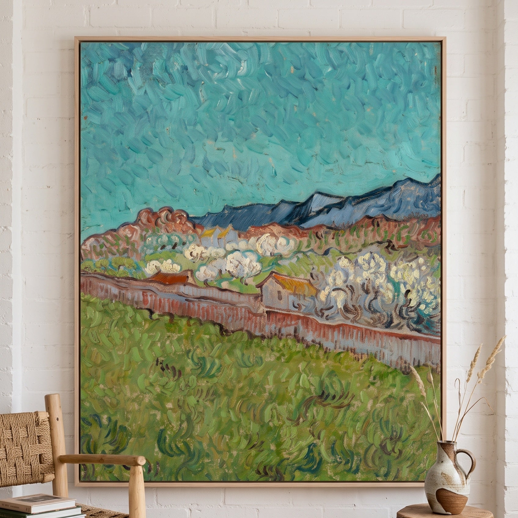 View of the Alpilles by Vincent van Gogh — large aqua and green Impressionist canvas art on a living room wall
