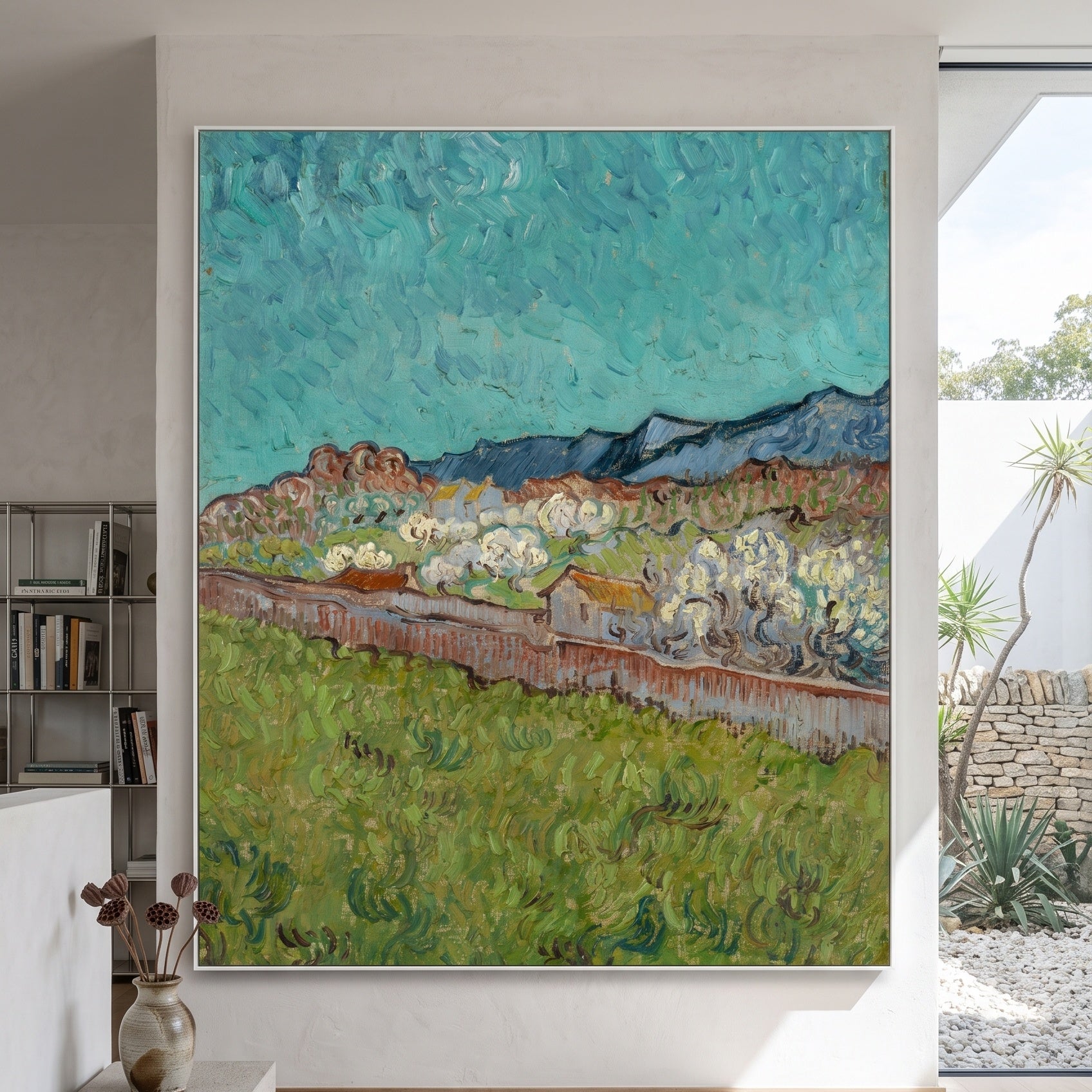 View of the Alpilles by Vincent van Gogh — large aqua and green Impressionist canvas art on a entryway wall