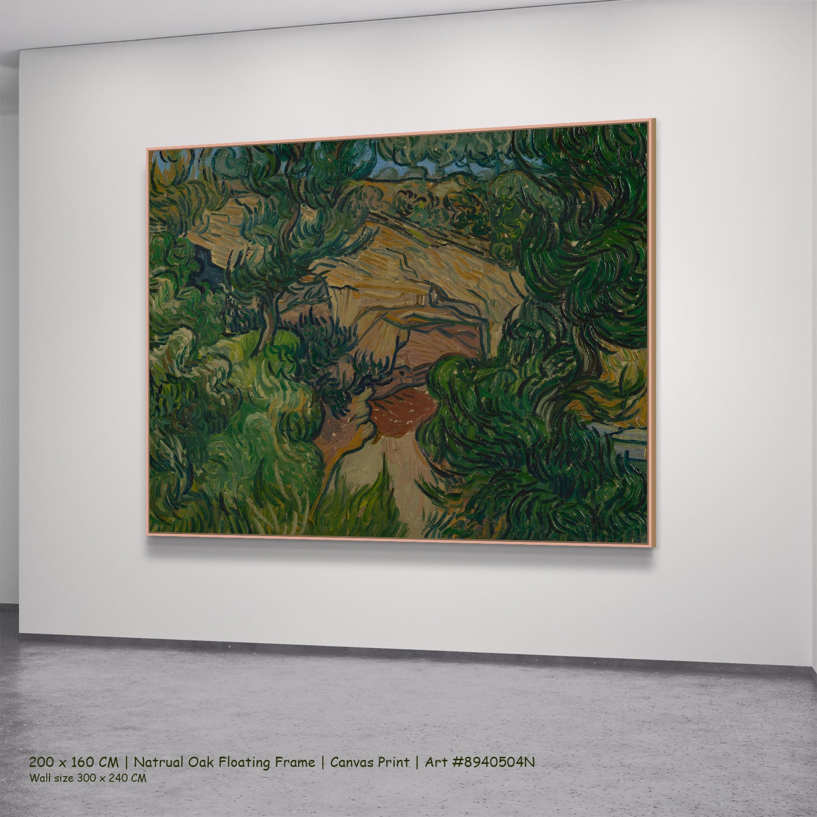 Entrance to a Quarry by Vincent van Gogh in a natural oak floating frame, large green and brown Impressionist canvas