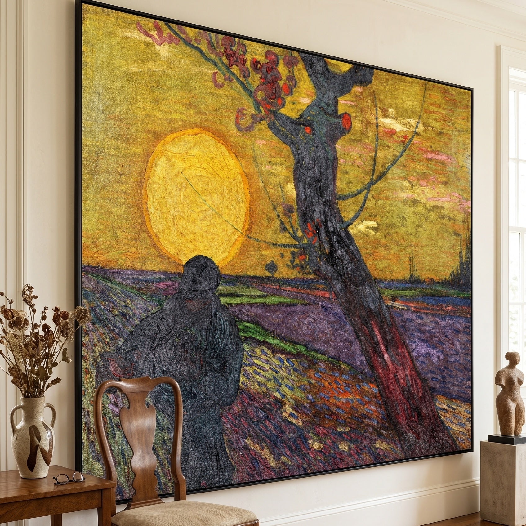 The Sower by Vincent van Gogh — large gold and purple Impressionist canvas art displayed on a wall