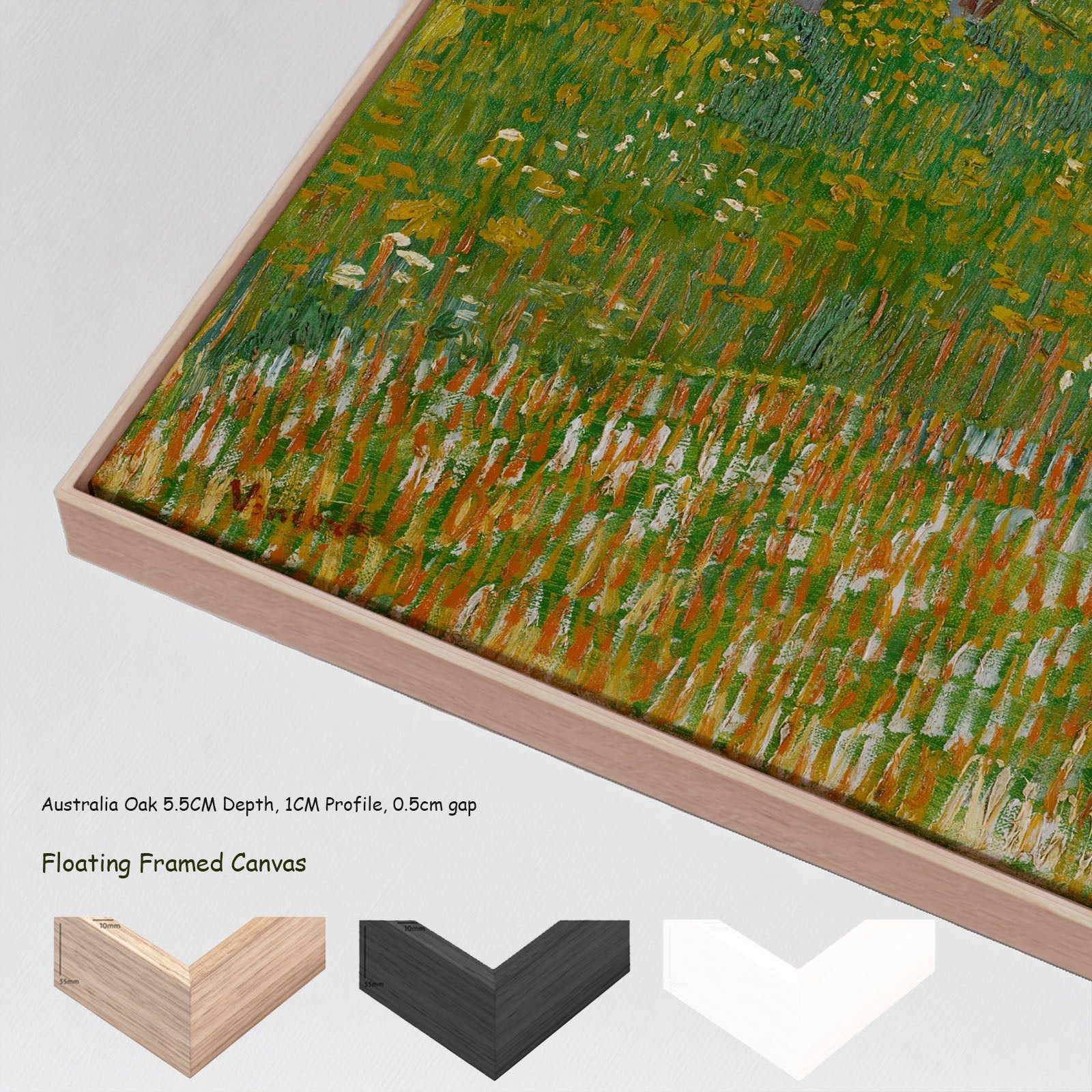 The Flowering Orchard by Vincent van Gogh in a floating frame, large green and white Impressionist canvas print