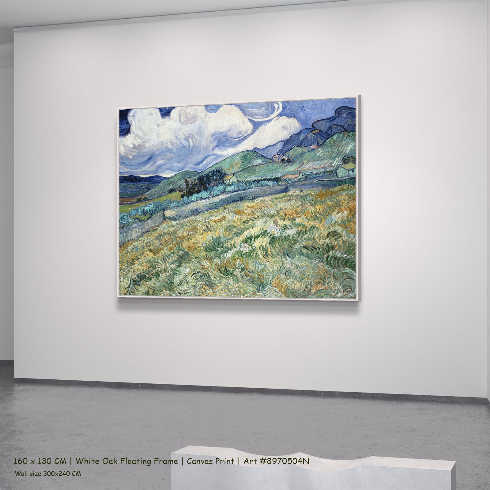 Landscape from Saint-Rémy by Vincent van Gogh in a white oak floating frame, large green and blue Impressionist canvas