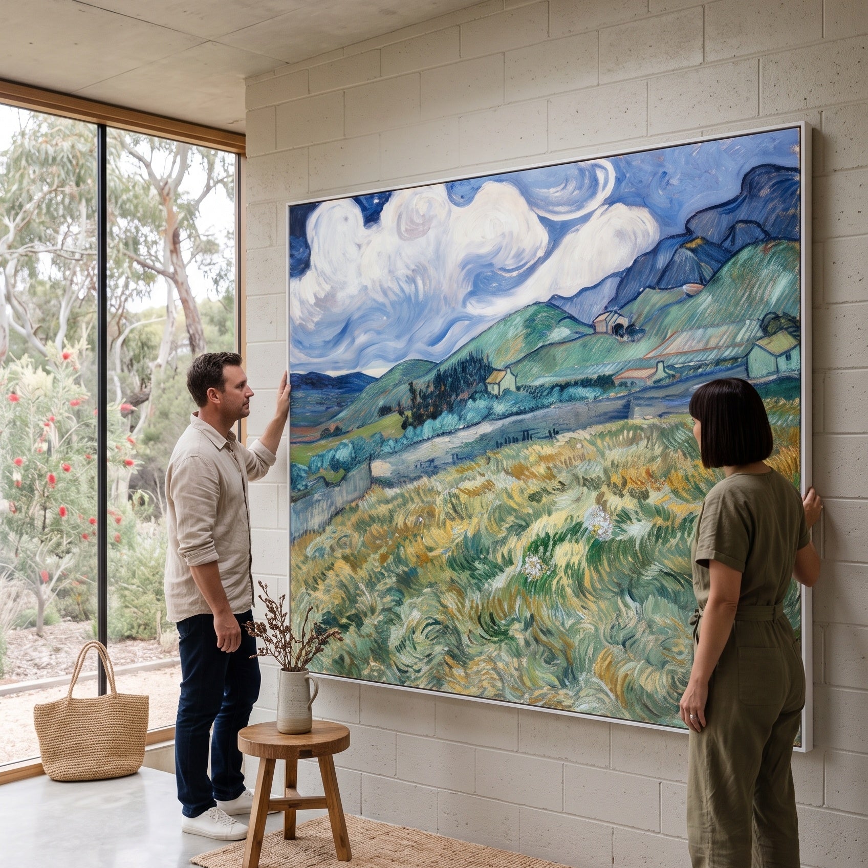 Landscape from Saint-Rémy by Vincent van Gogh — large green and blue Impressionist canvas art on a living room wall