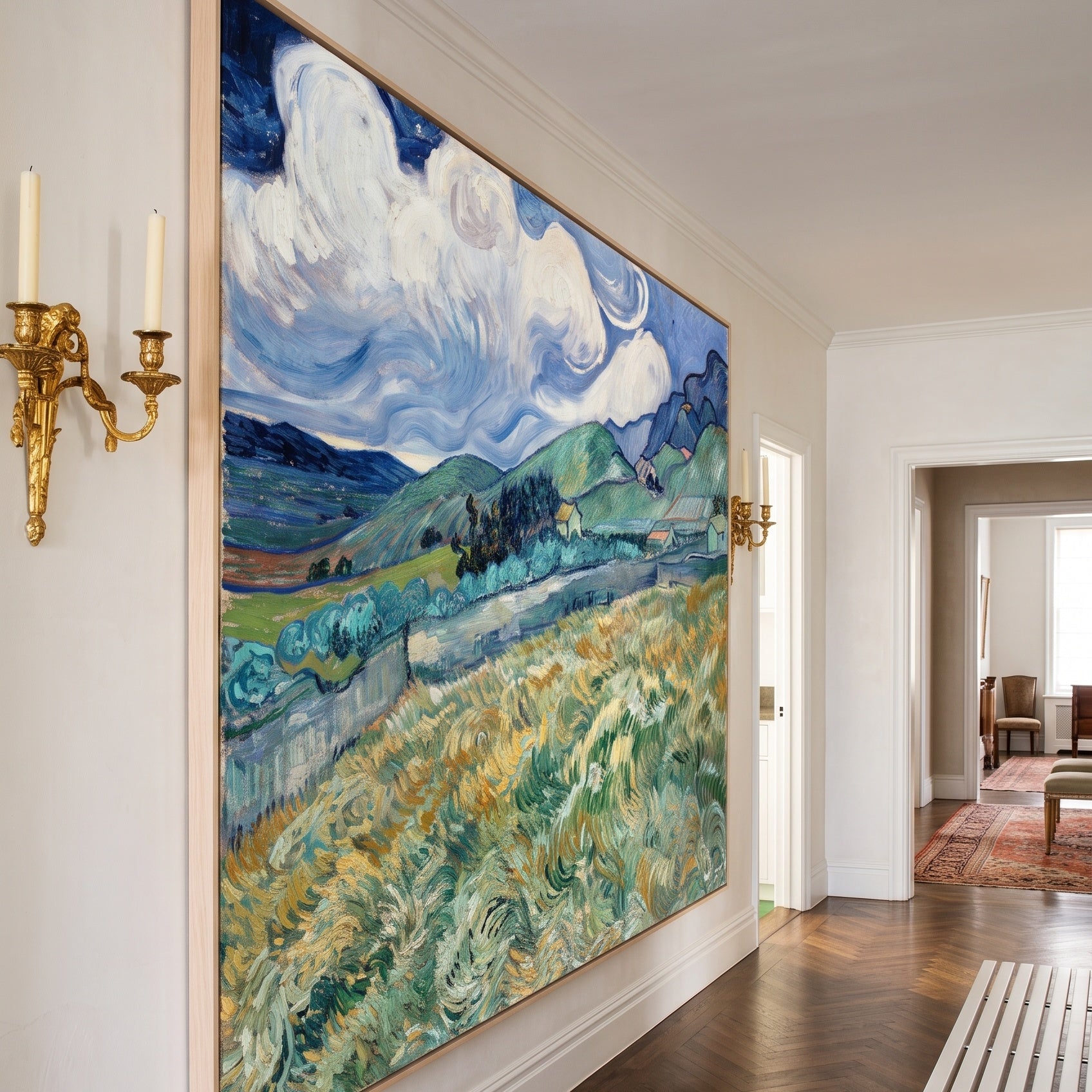 Landscape from Saint-Rémy by Vincent van Gogh — large green and blue Impressionist canvas art on a hallway wall