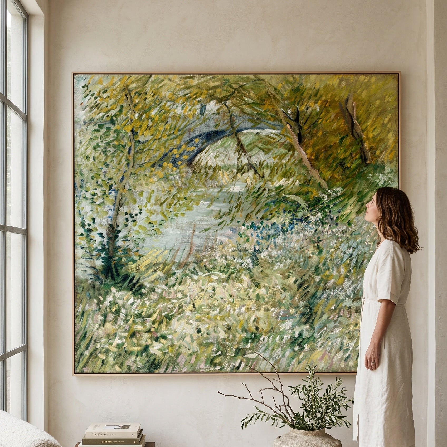 Banks of the Seine with Pont by Vincent van Gogh — large green and white Impressionist canvas art on a living room wall