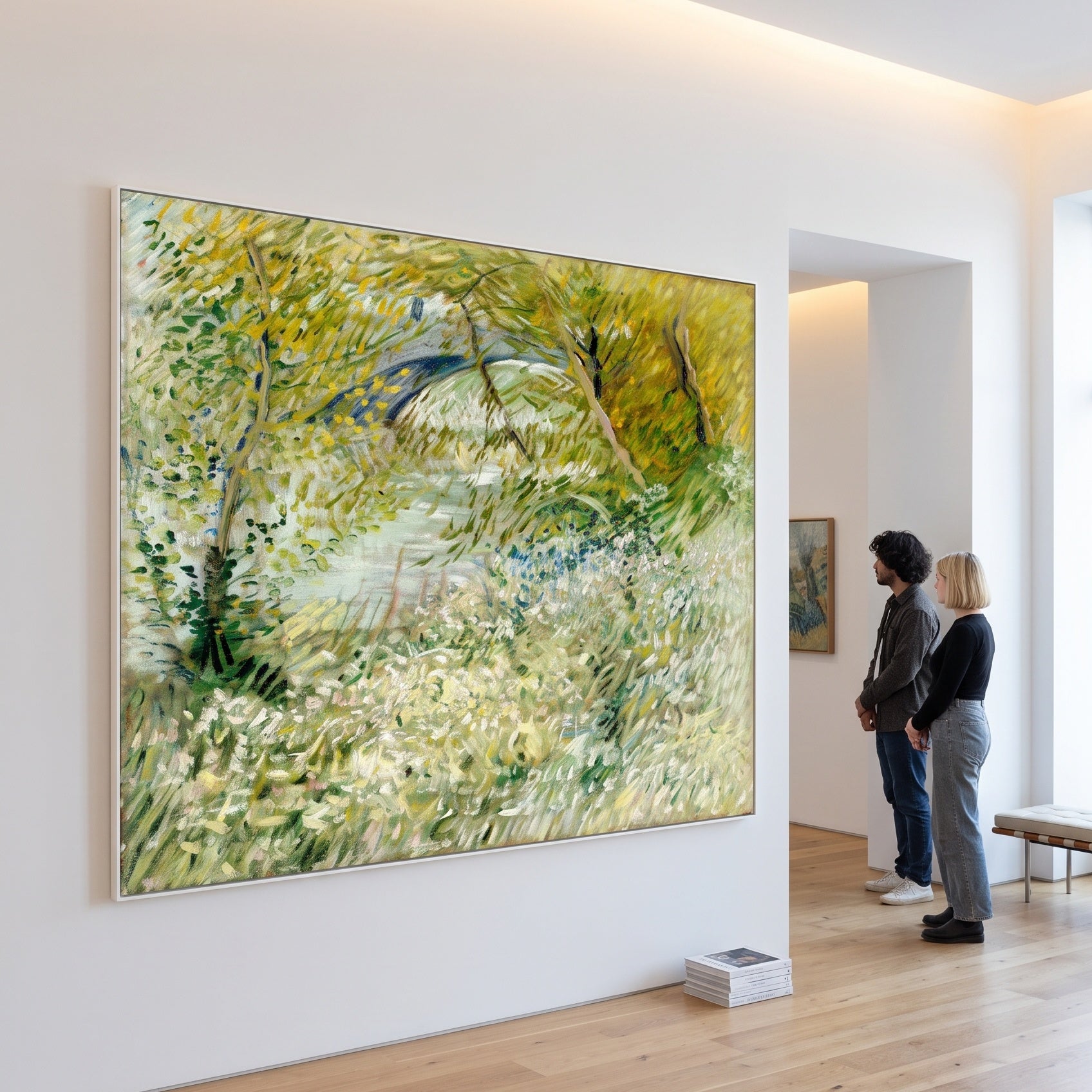 Banks of the Seine with Pont by Vincent van Gogh — large green and white Impressionist canvas art on a living room wall