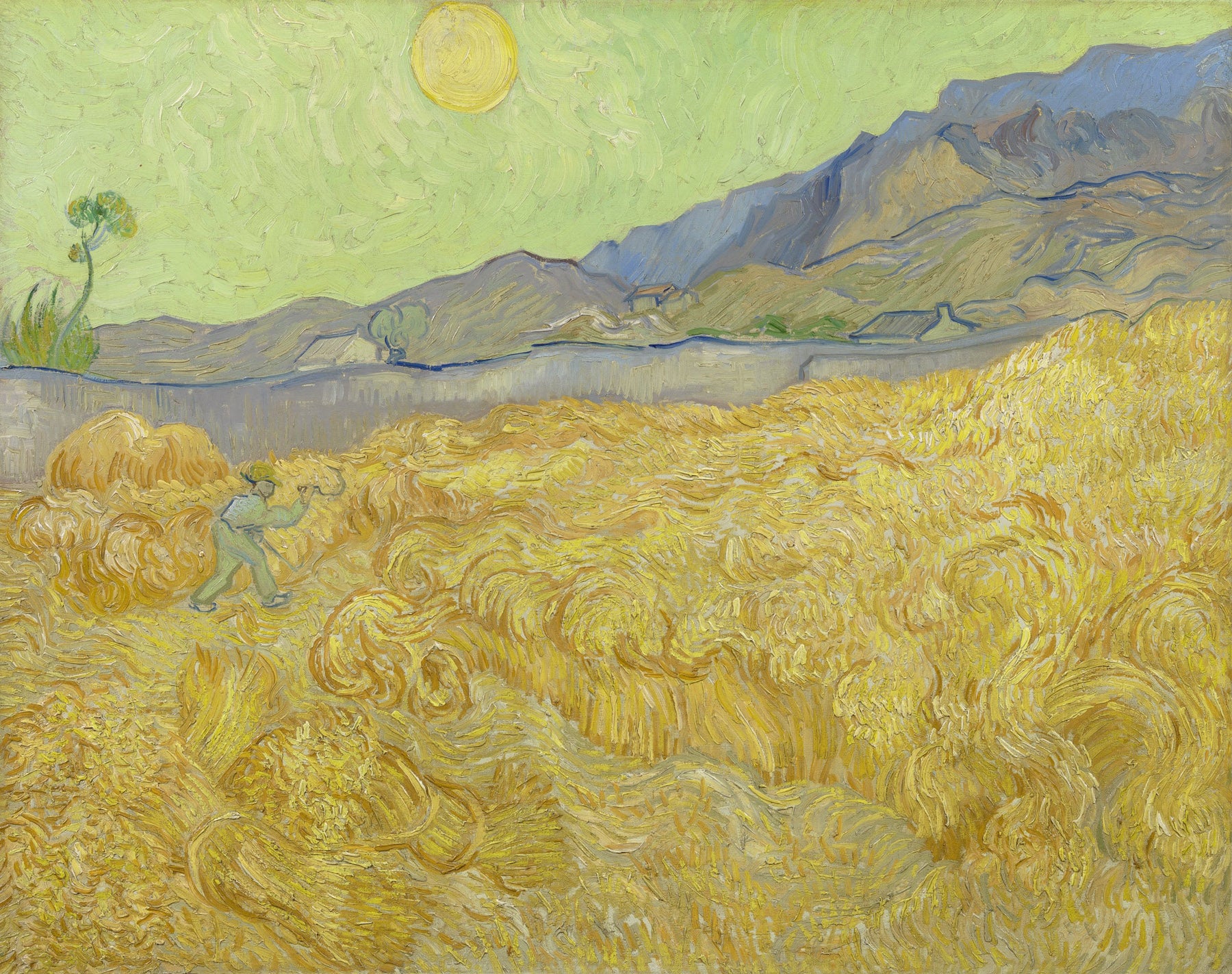 Large gold and green Impressionist canvas print of Wheatfield with a Reaper by Vincent van Gogh