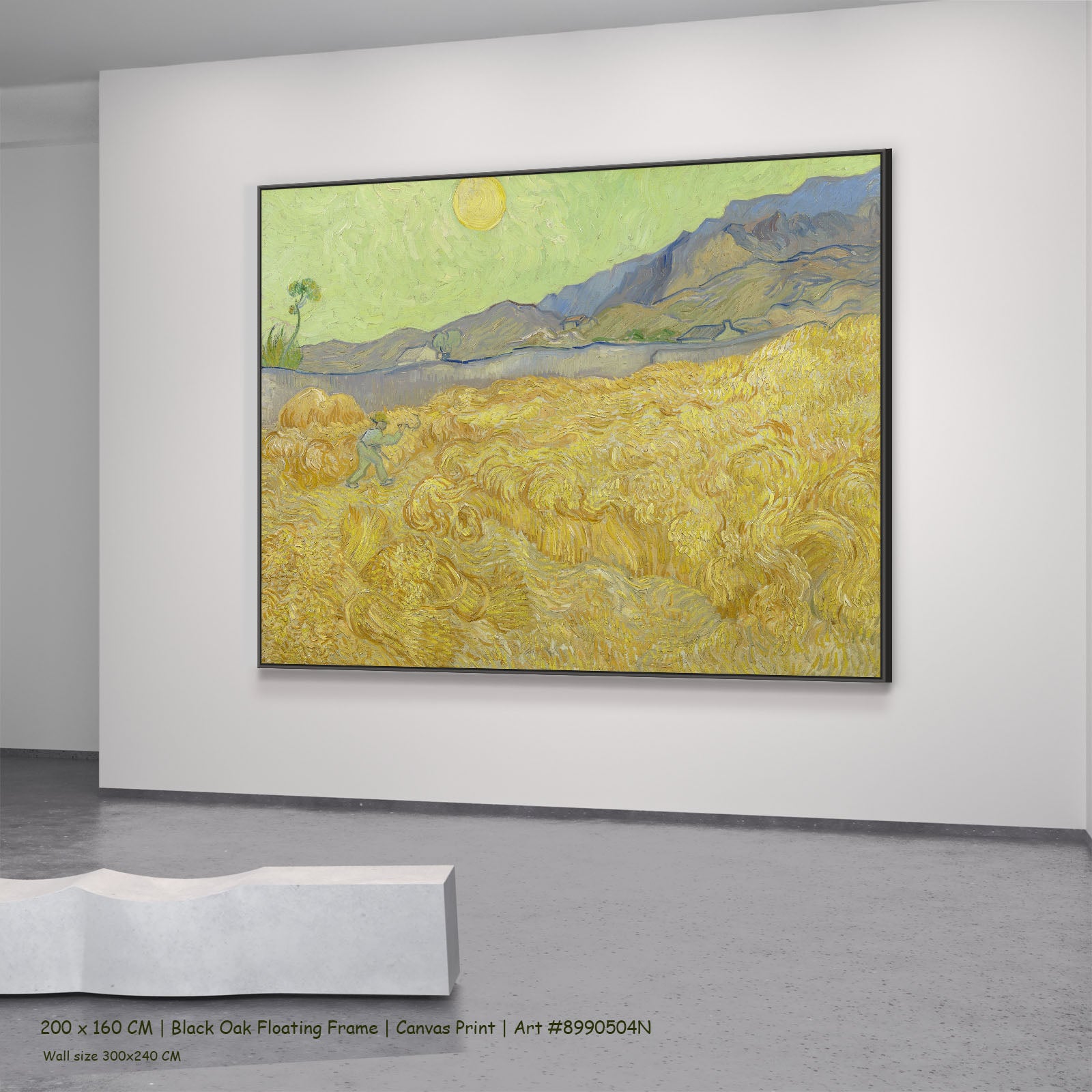 Wheatfield with a Reaper by Vincent van Gogh in a black oak floating frame, large gold and green Impressionist canvas