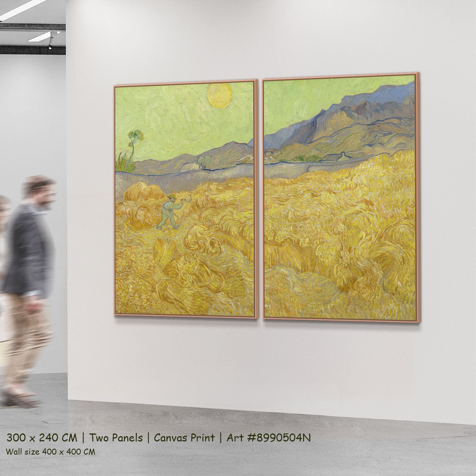 Wheatfield with a Reaper by Vincent van Gogh as a large two-panel gold and green Impressionist canvas set