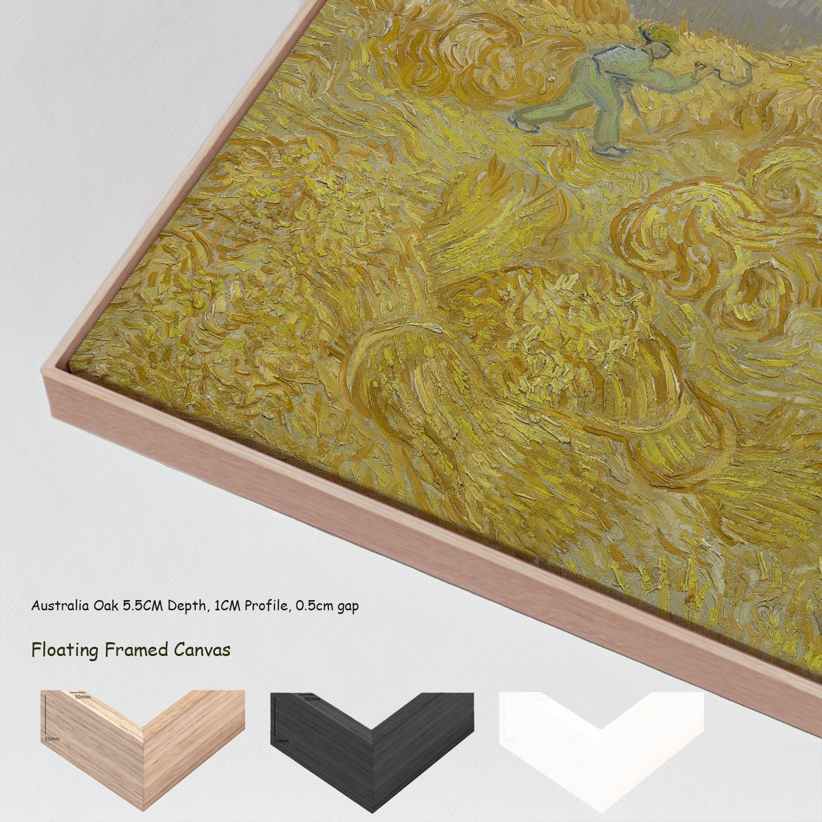 Wheatfield with a Reaper by Vincent van Gogh in a floating frame, large gold and green Impressionist canvas print