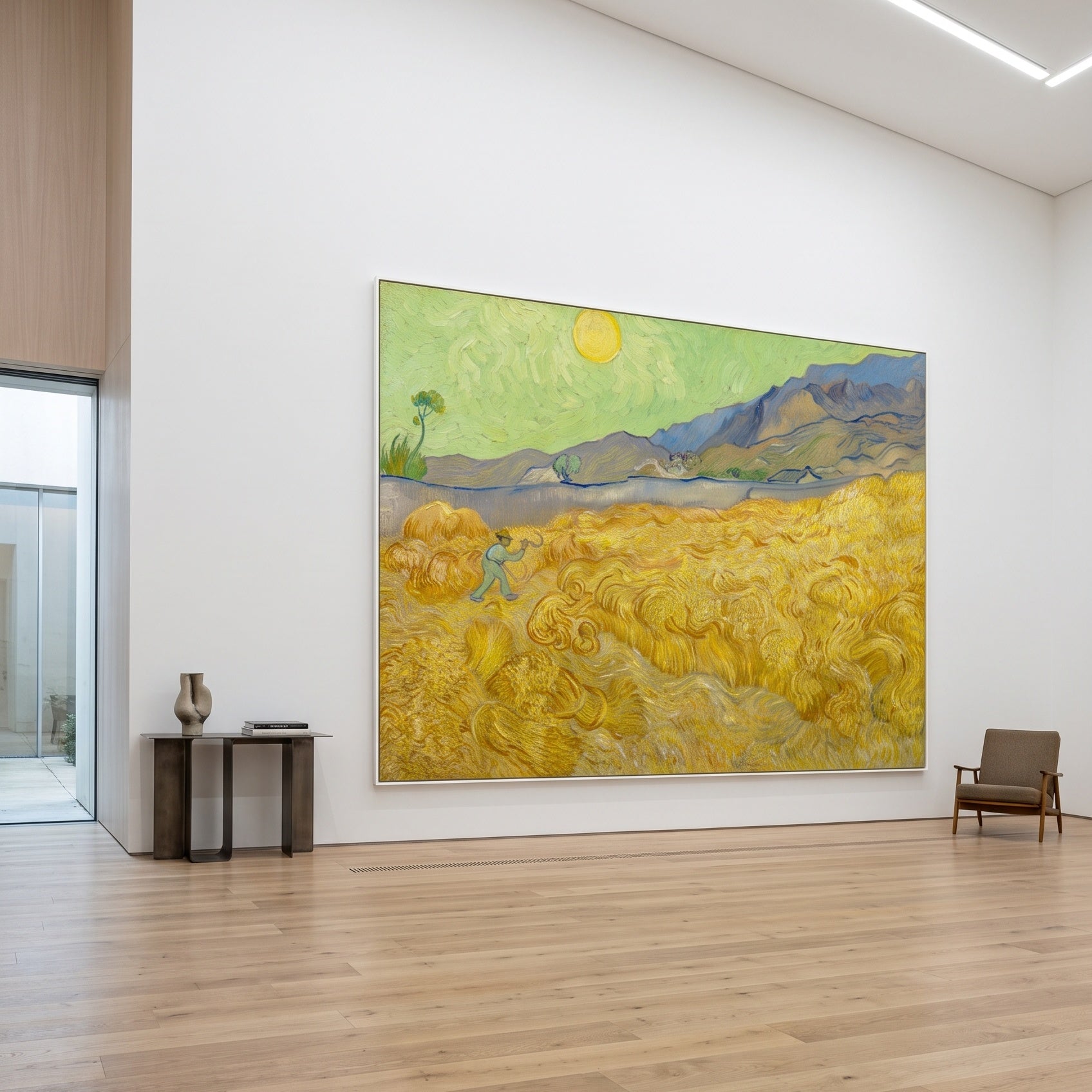 Wheatfield with a Reaper by Vincent van Gogh — large gold and green Impressionist canvas art on a hallway wall