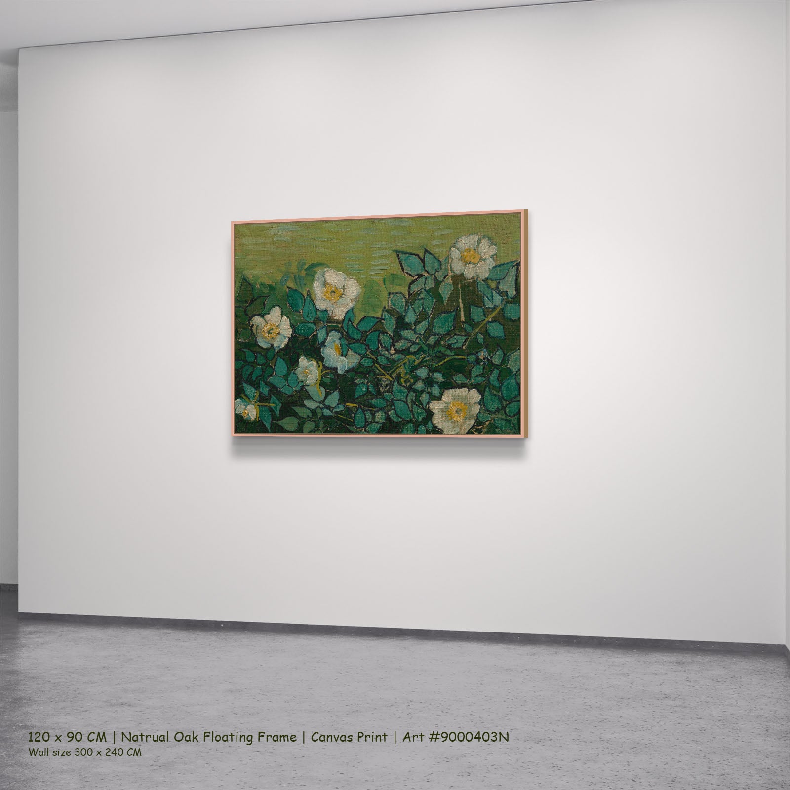 Wild Roses by Vincent van Gogh in a natural oak floating frame, large green and olive Impressionist canvas