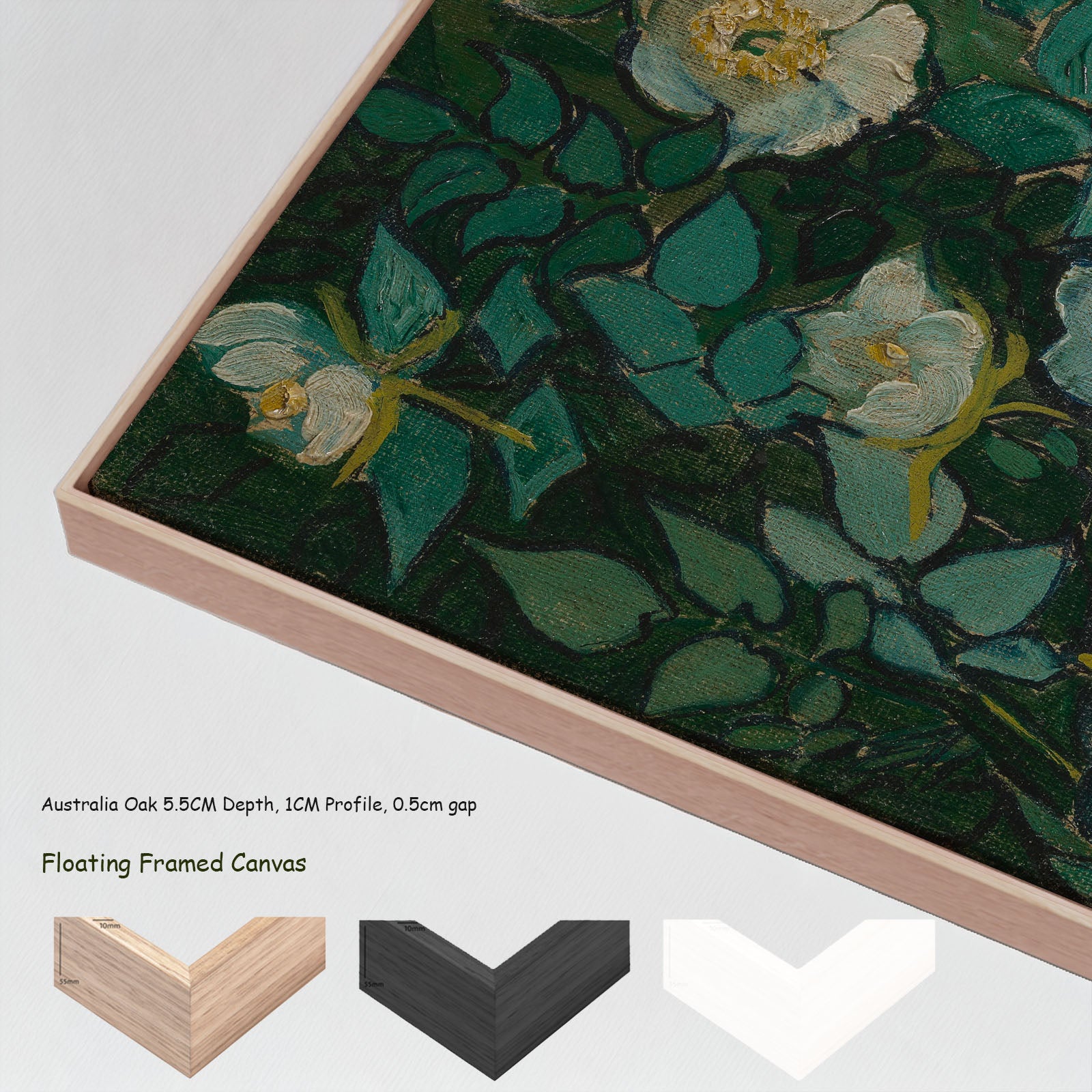 Wild Roses by Vincent van Gogh in a floating frame, large green and olive Impressionist canvas print
