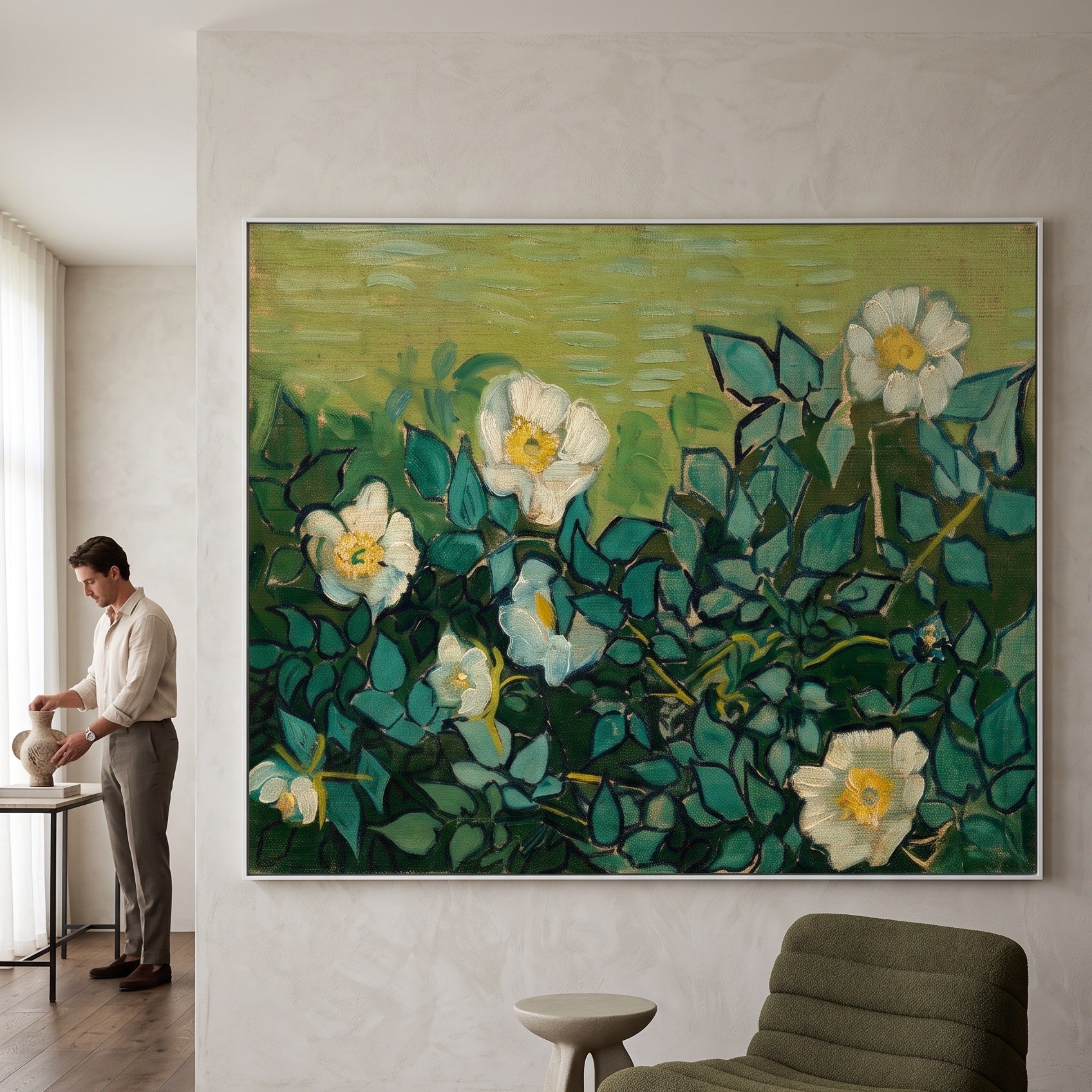 Wild Roses by Vincent van Gogh — large green and olive Impressionist canvas art on a living room wall