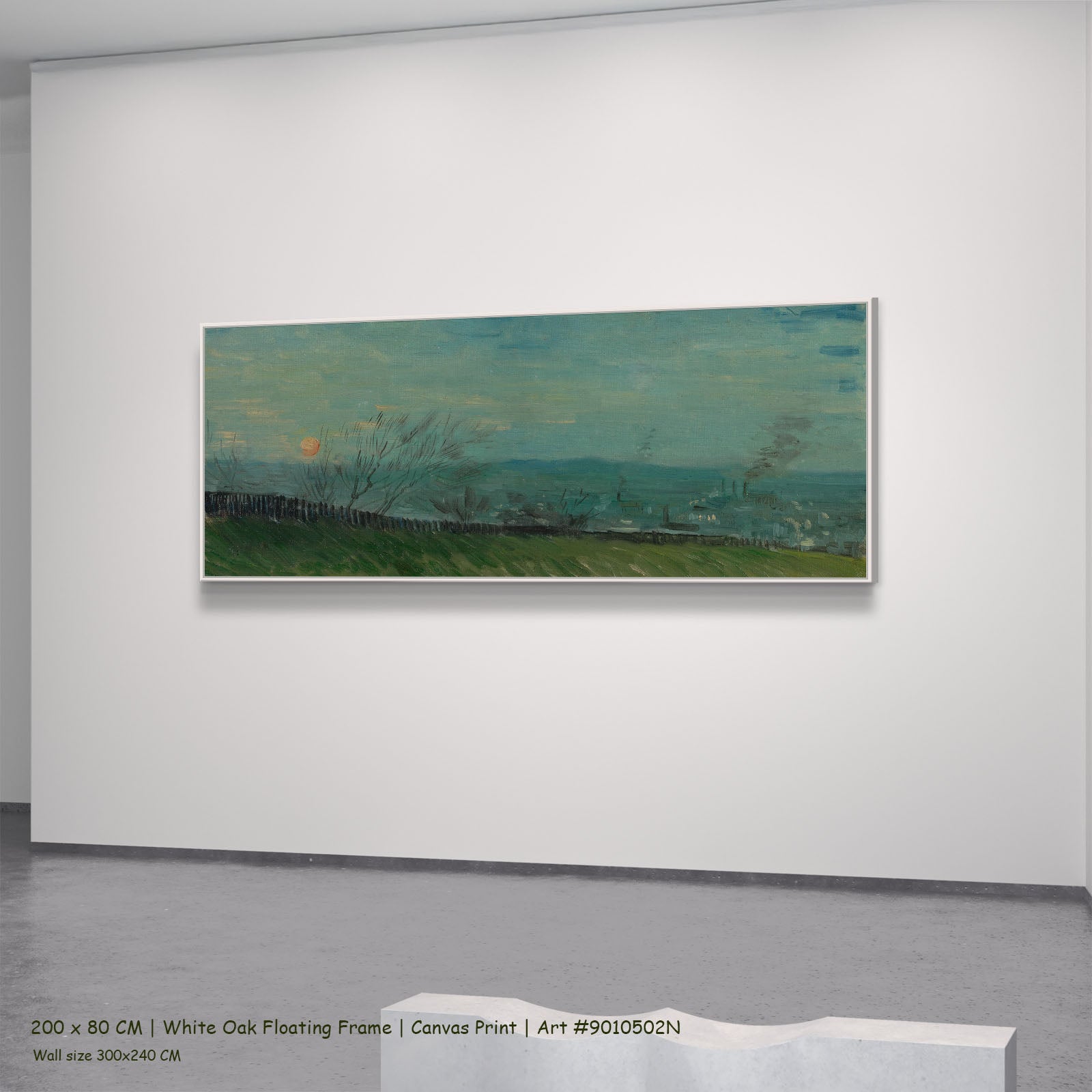 Sunset in Montmartre by Vincent van Gogh in a white oak floating frame, large blue and green Impressionist canvas