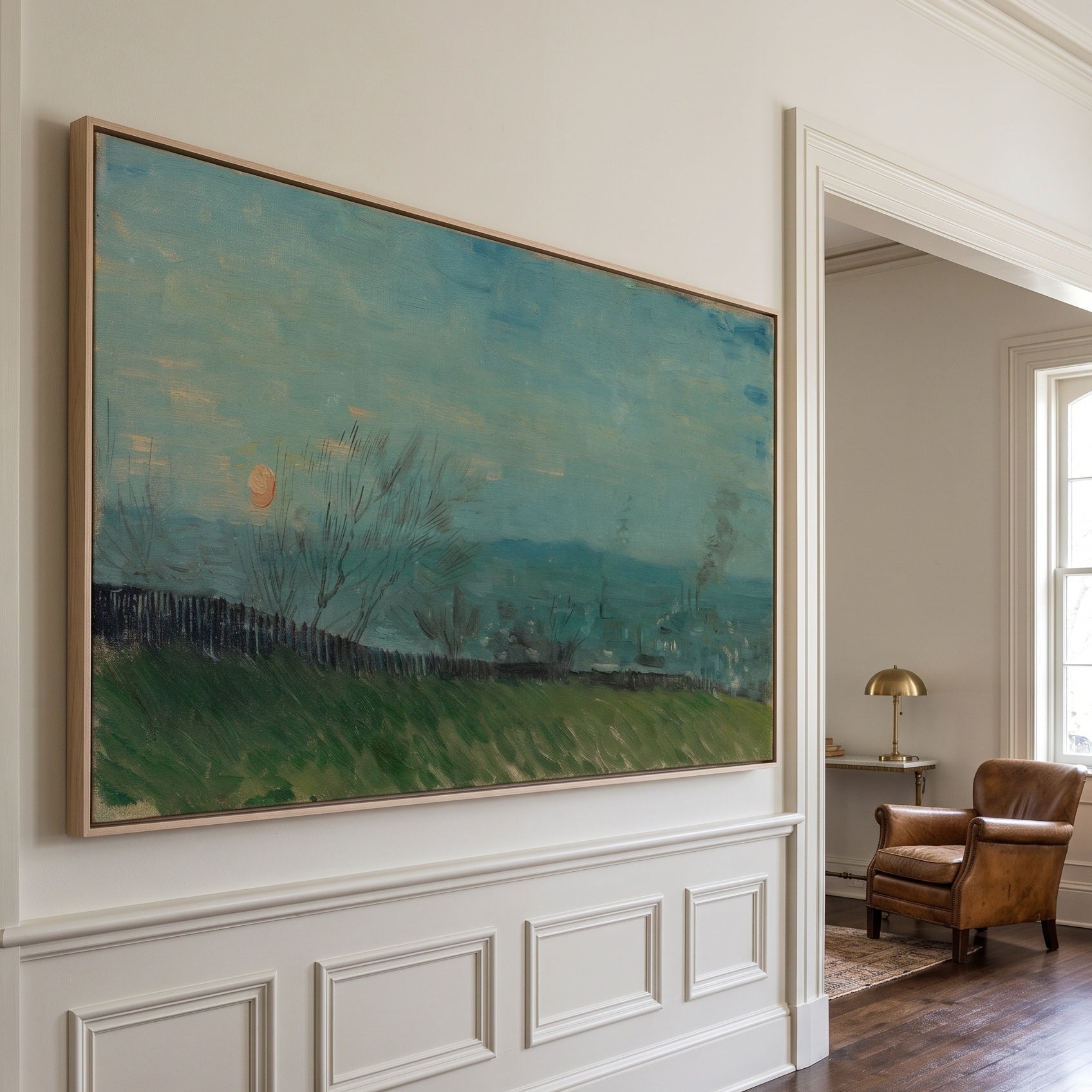 Sunset in Montmartre by Vincent van Gogh — large blue and green Impressionist canvas art on a hallway wall