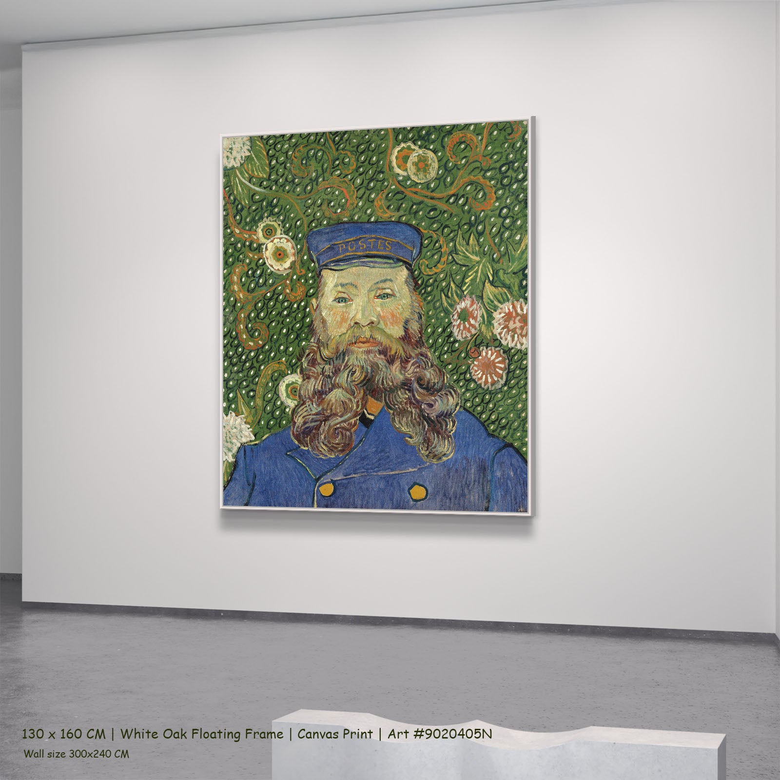 Portrait of Joseph Roulin by Vincent van Gogh in a white oak floating frame, large green and blue Impressionist canvas
