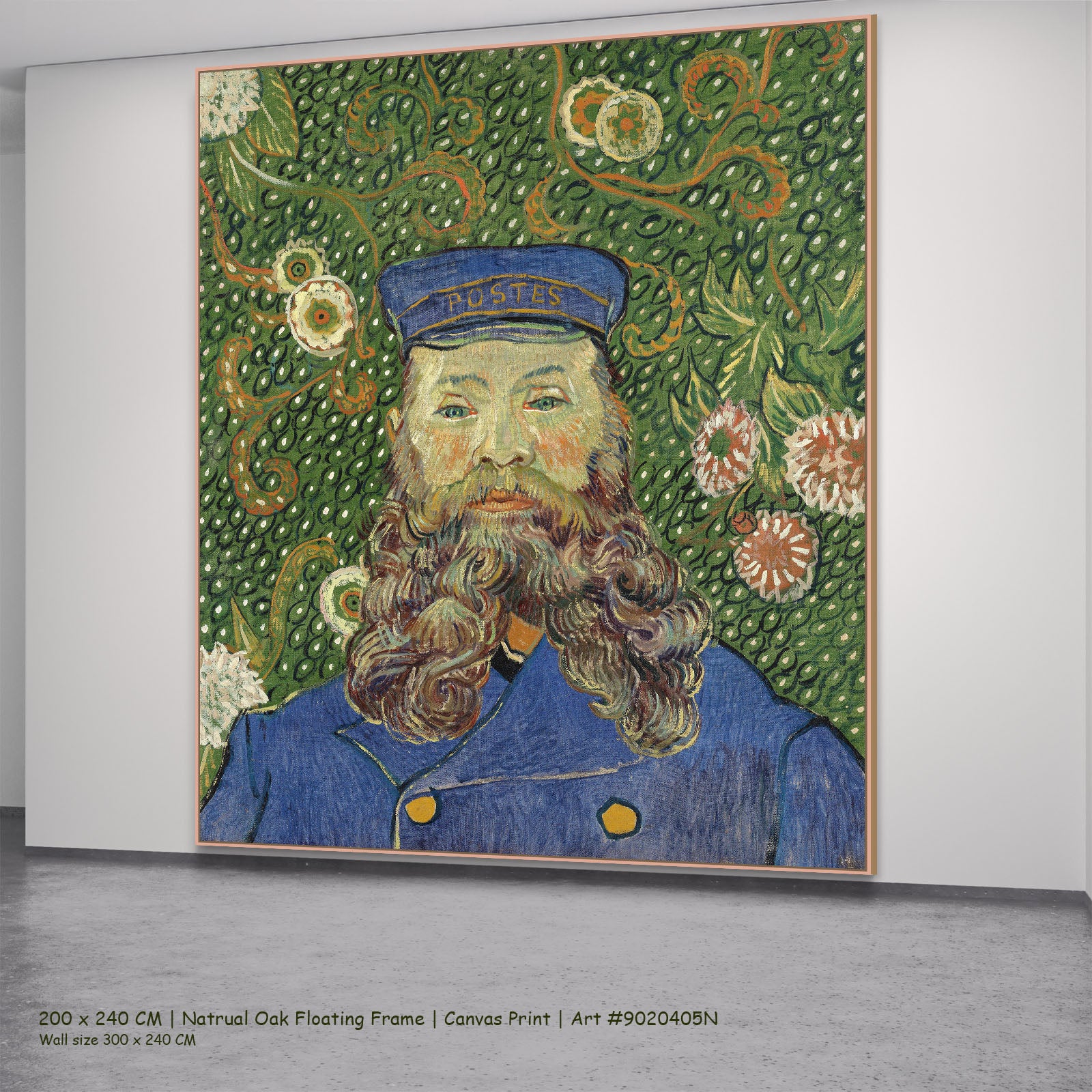 Portrait of Joseph Roulin by Vincent van Gogh in a natural oak floating frame, large green and blue Impressionist canvas
