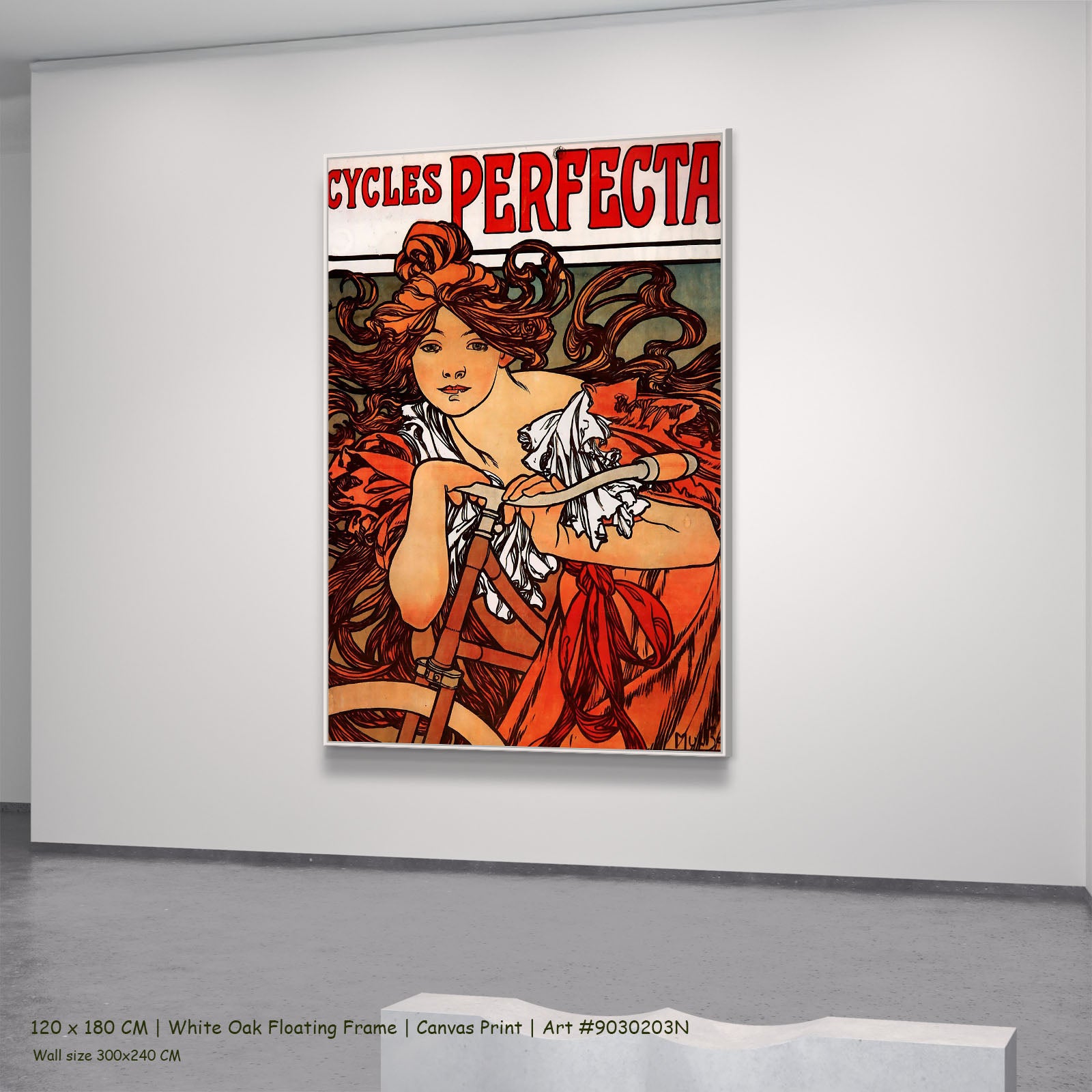 Cycles Perfecta by Alphonse Mucha in a white oak floating frame, large red and orange Art Nouveau canvas