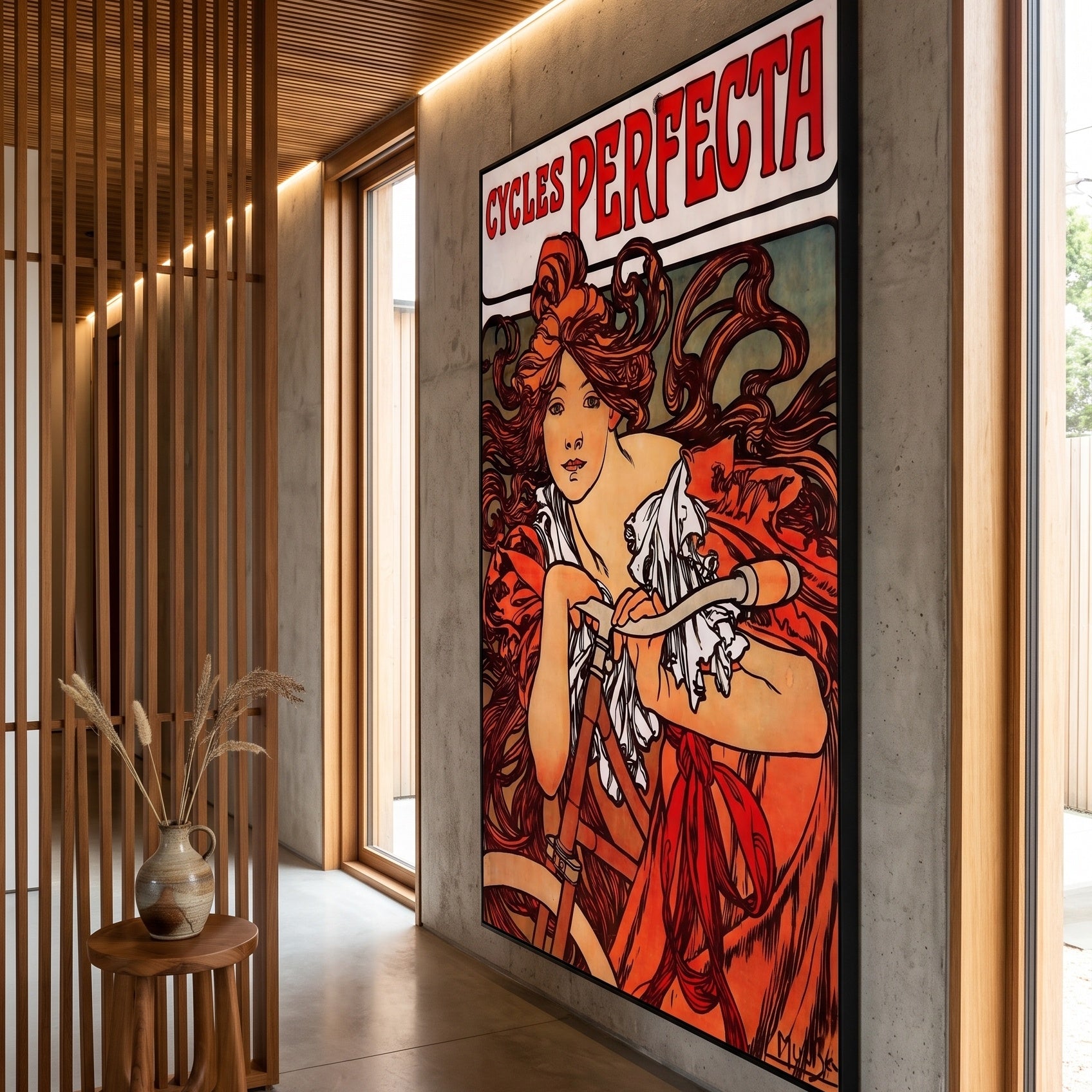 Cycles Perfecta by Alphonse Mucha — large red and orange Art Nouveau canvas art on a hallway wall