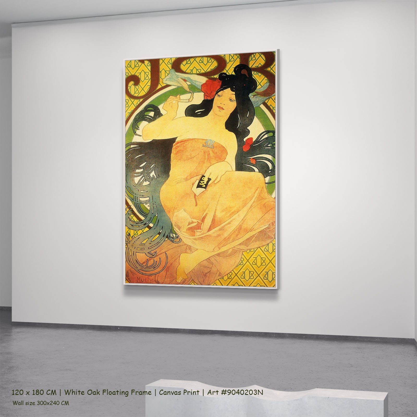 Job by Alphonse Mucha in a white oak floating frame, large gold and orange Art Nouveau canvas