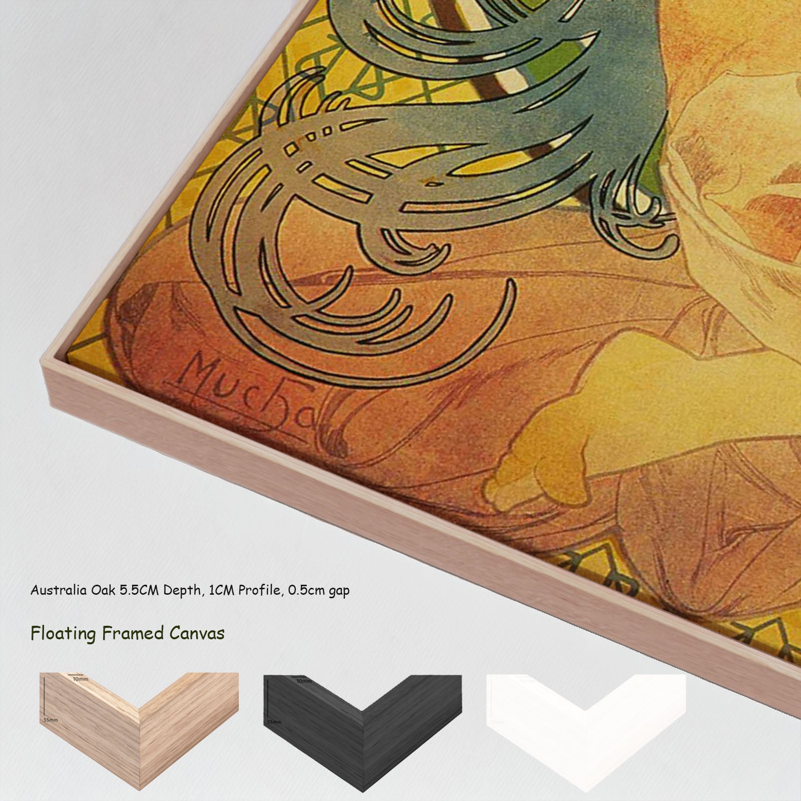 Job by Alphonse Mucha in a floating frame, large gold and orange Art Nouveau canvas print