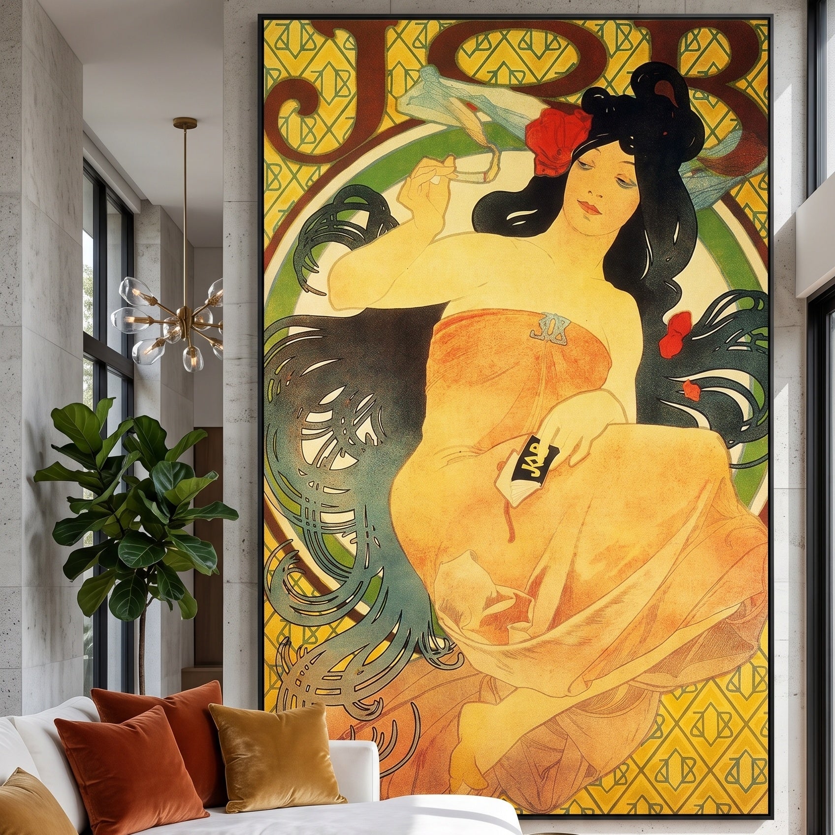 Job by Alphonse Mucha — large gold and orange Art Nouveau canvas art on a living room wall
