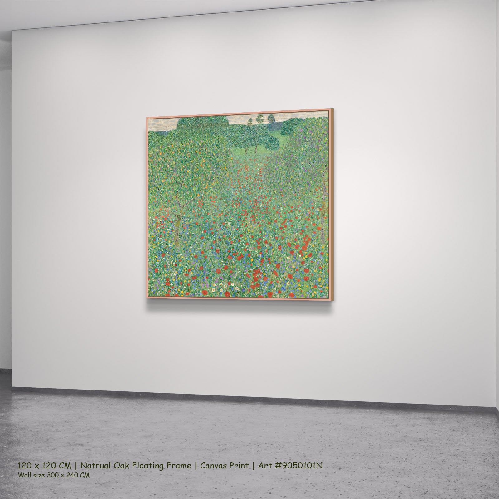 Poppy Field by Gustav Klimt in a natural oak floating frame, large green and red Impressionist canvas