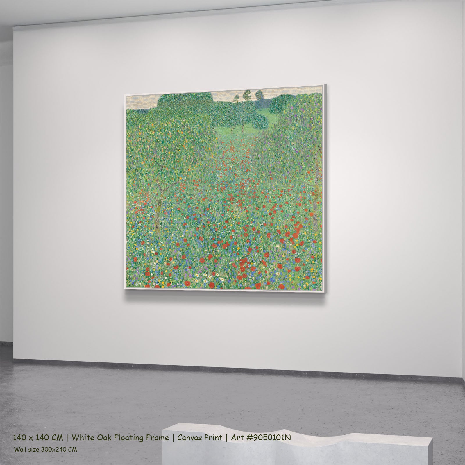 Poppy Field by Gustav Klimt in a white oak floating frame, large green and red Impressionist canvas