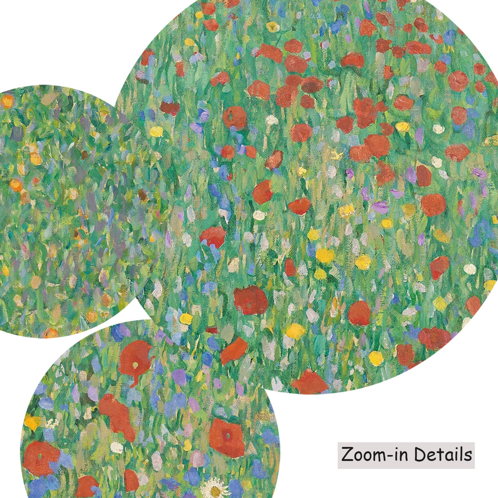 Close-up detail of the brushwork on Poppy Field, a large green and red Impressionist canvas by Gustav Klimt
