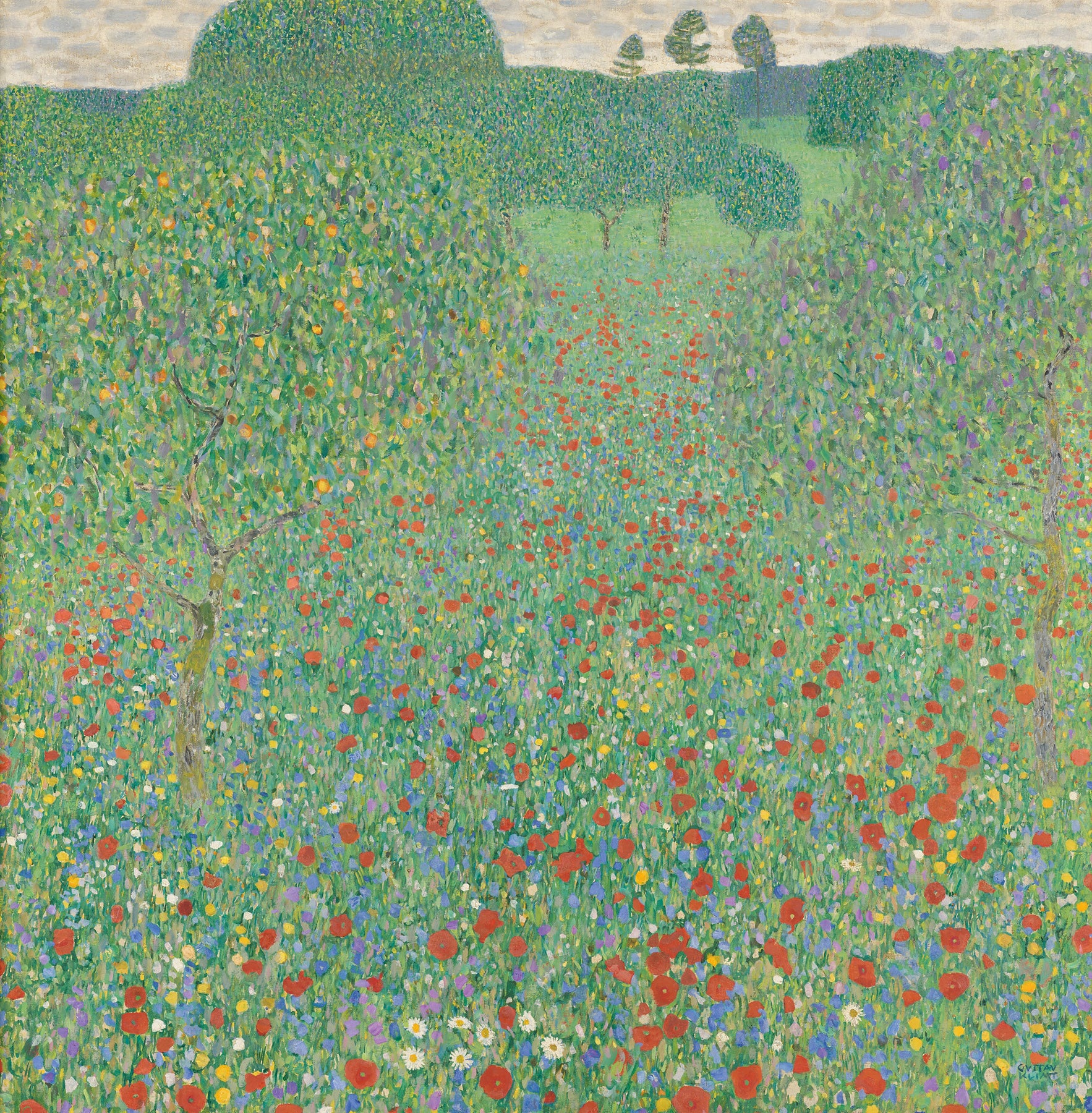 Large green and red Impressionist canvas print of Poppy Field by Gustav Klimt