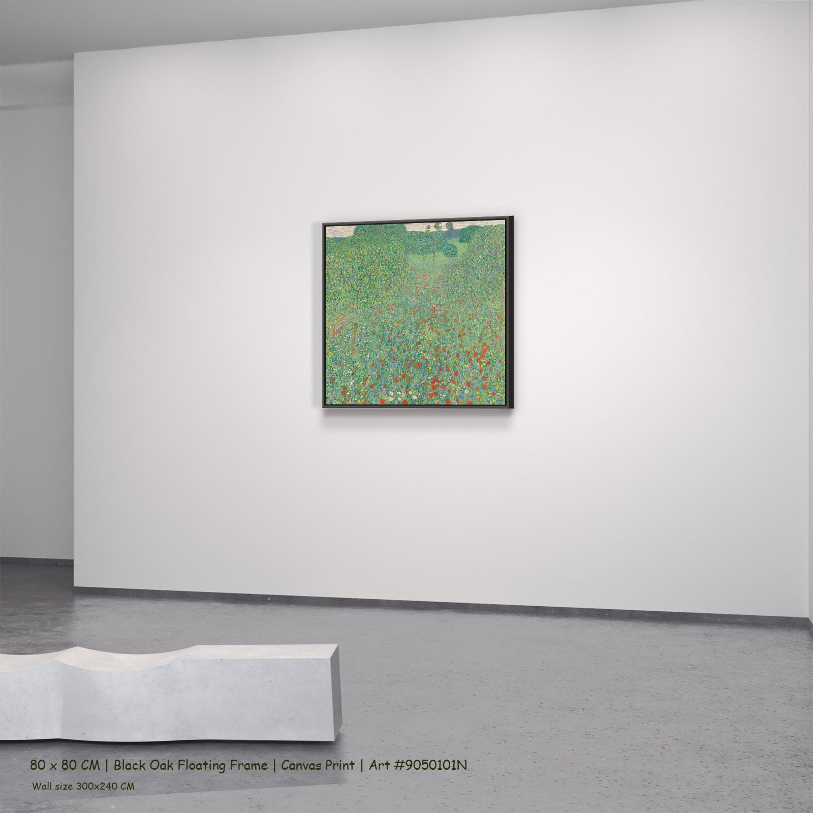 Poppy Field by Gustav Klimt in a black oak floating frame, large green and red Impressionist canvas