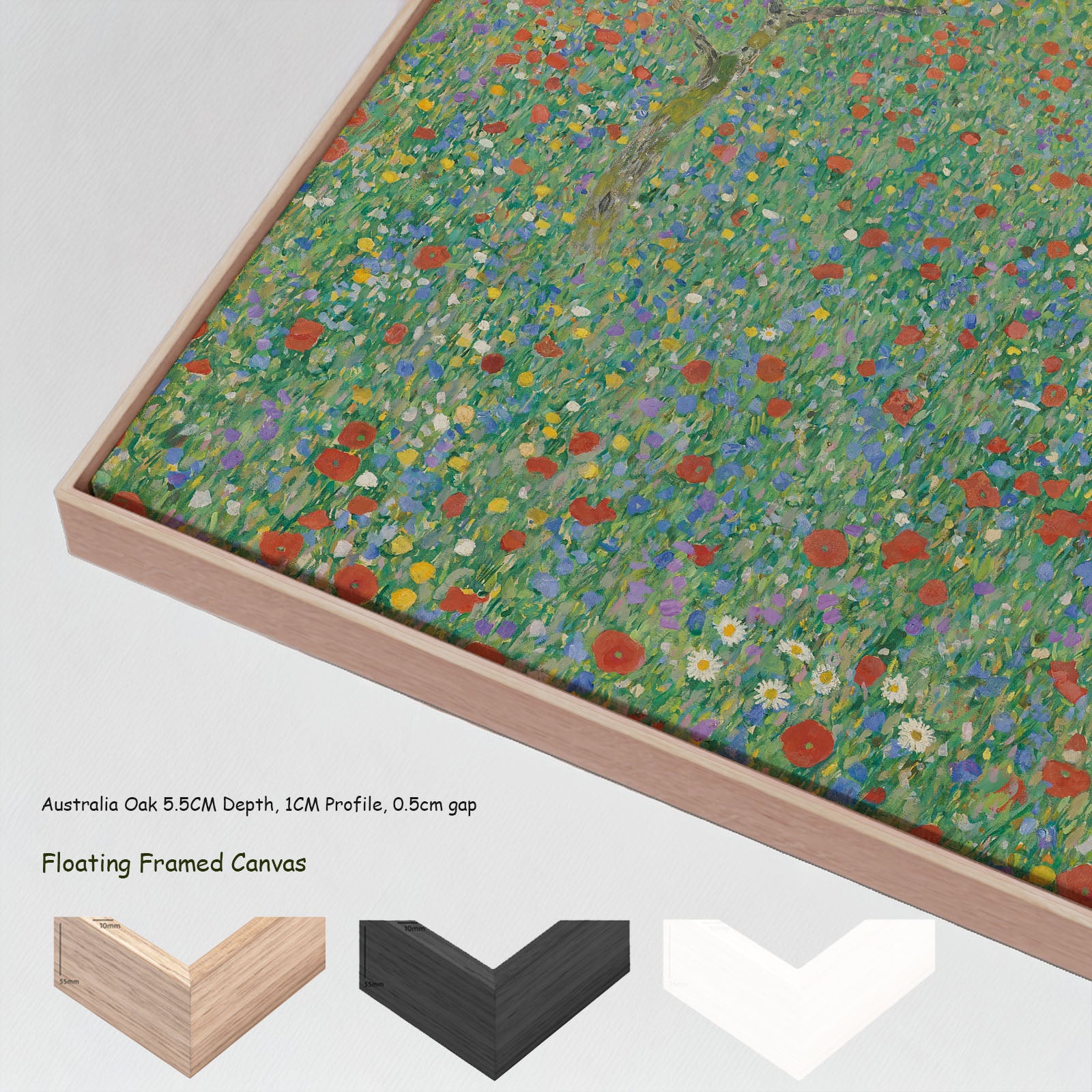 Poppy Field by Gustav Klimt in a floating frame, large green and red Impressionist canvas print
