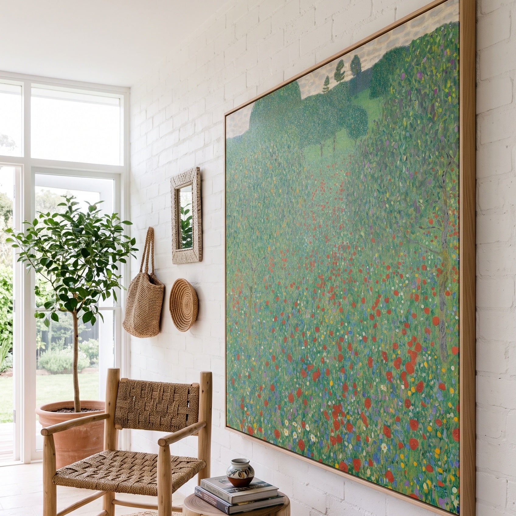 Poppy Field by Gustav Klimt — large green and red Impressionist canvas art on a living room wall