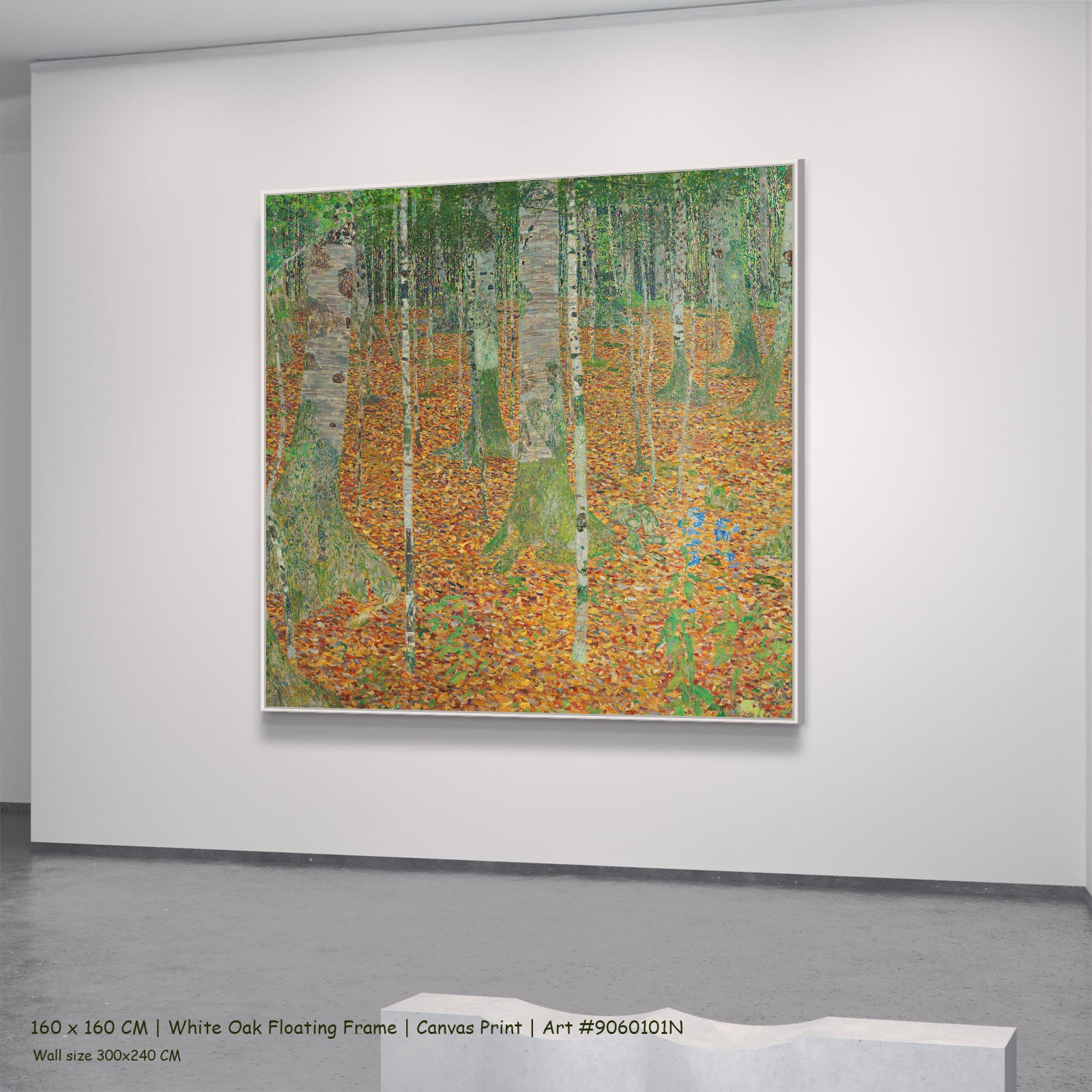 Birch Forest by Gustav Klimt in a white oak floating frame, large orange and green Impressionist canvas