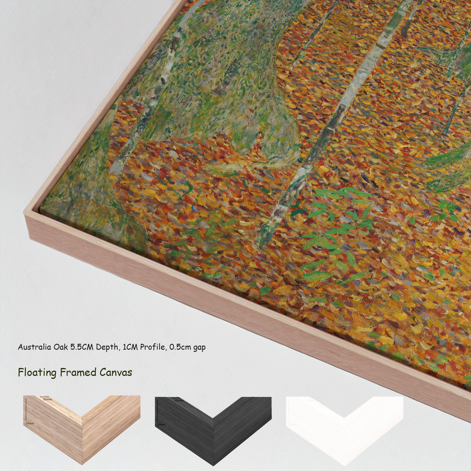 Birch Forest by Gustav Klimt in a floating frame, large orange and green Impressionist canvas print