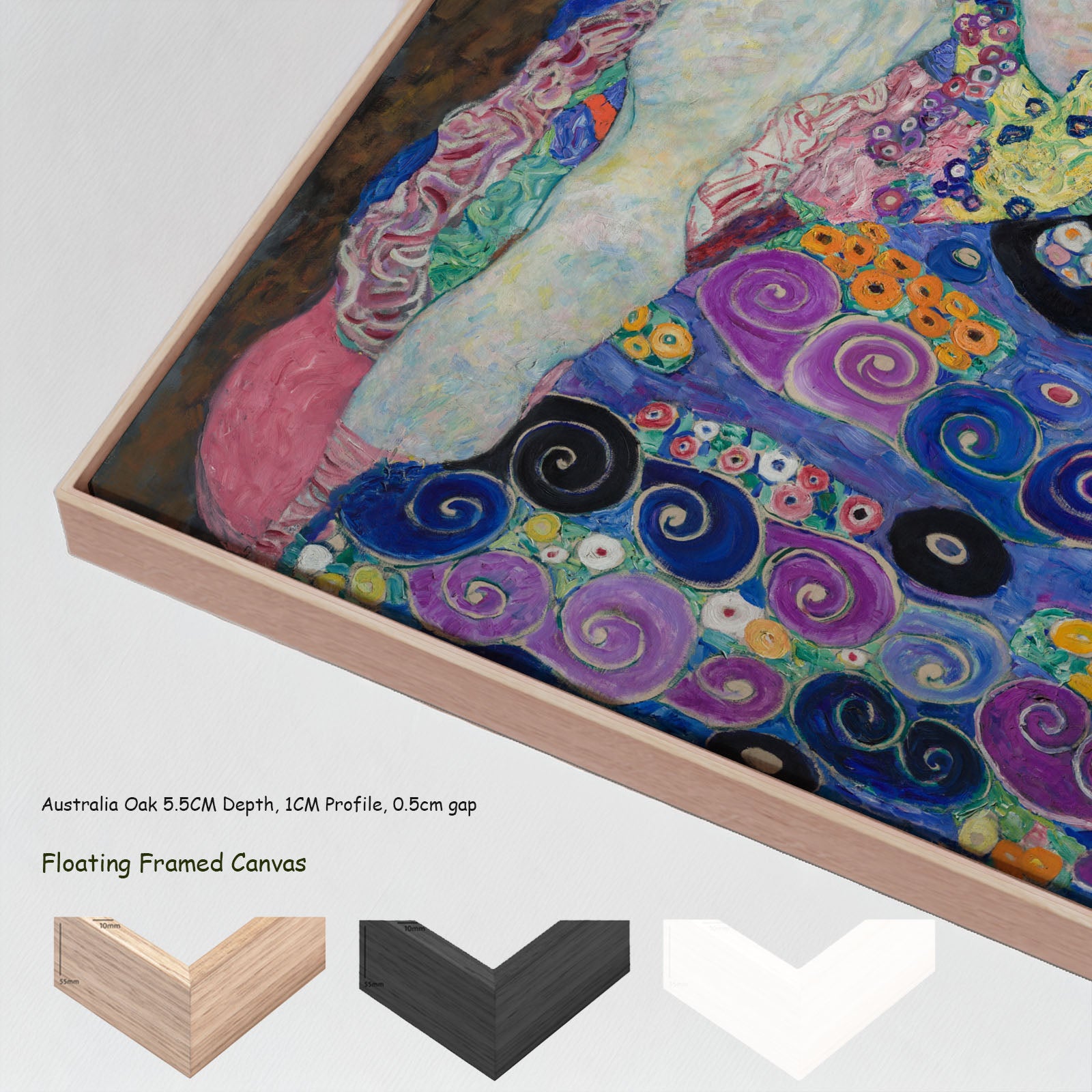 The Virgin by Gustav Klimt in a floating frame, large blue and purple Symbolist canvas print