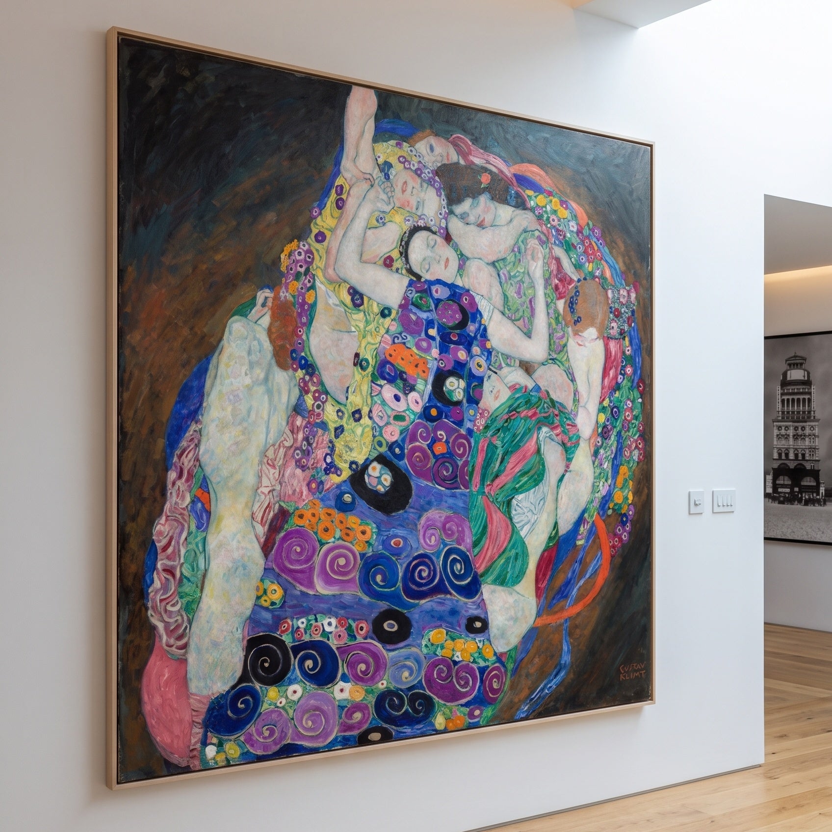The Virgin by Gustav Klimt — large blue and purple Symbolist canvas art on a living room wall