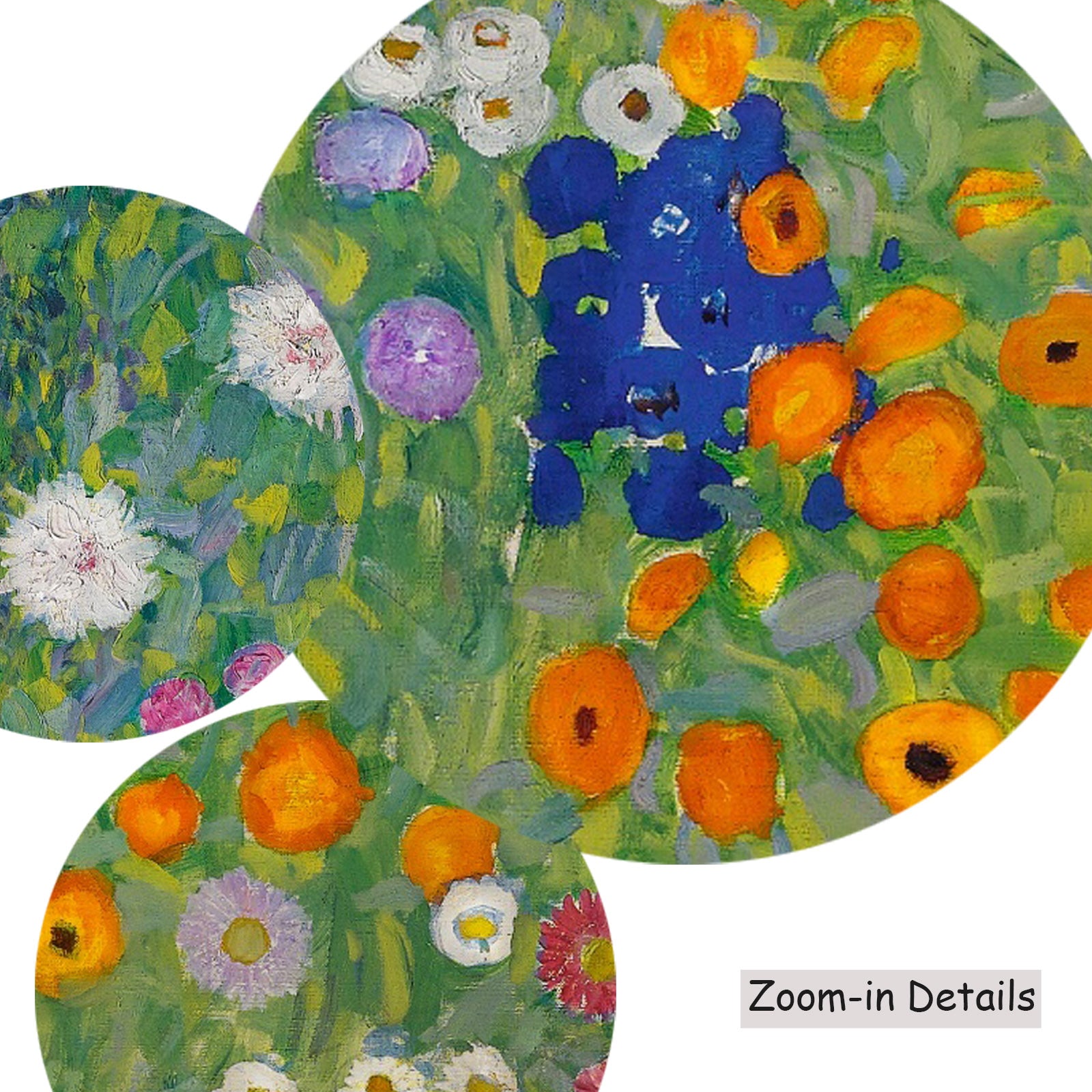 Close-up detail of the brushwork on Bauerngarten, a large green and orange Impressionist canvas by Gustav Klimt