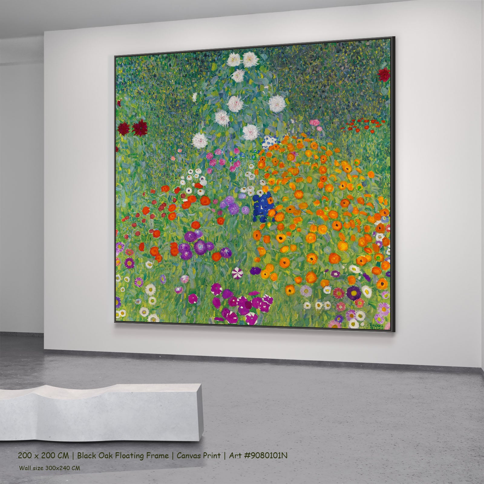 Bauerngarten by Gustav Klimt in a black oak floating frame, large green and orange Impressionist canvas
