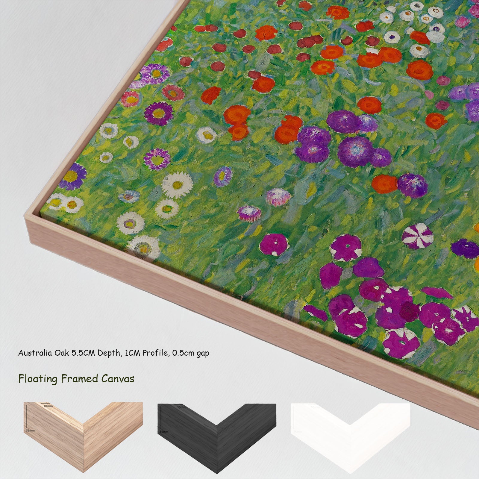 Bauerngarten by Gustav Klimt in a floating frame, large green and orange Impressionist canvas print