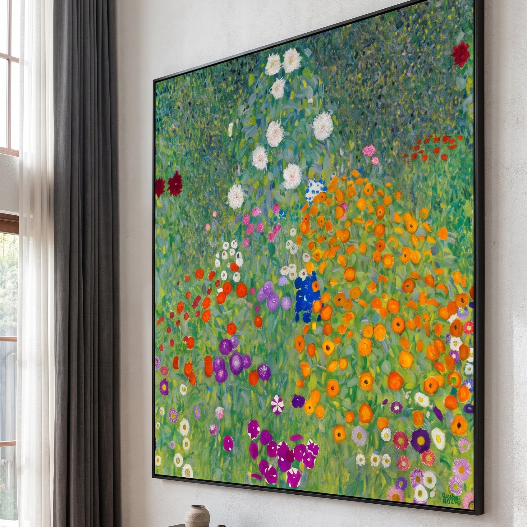 Bauerngarten by Gustav Klimt — large green and orange Impressionist canvas art on a hallway wall