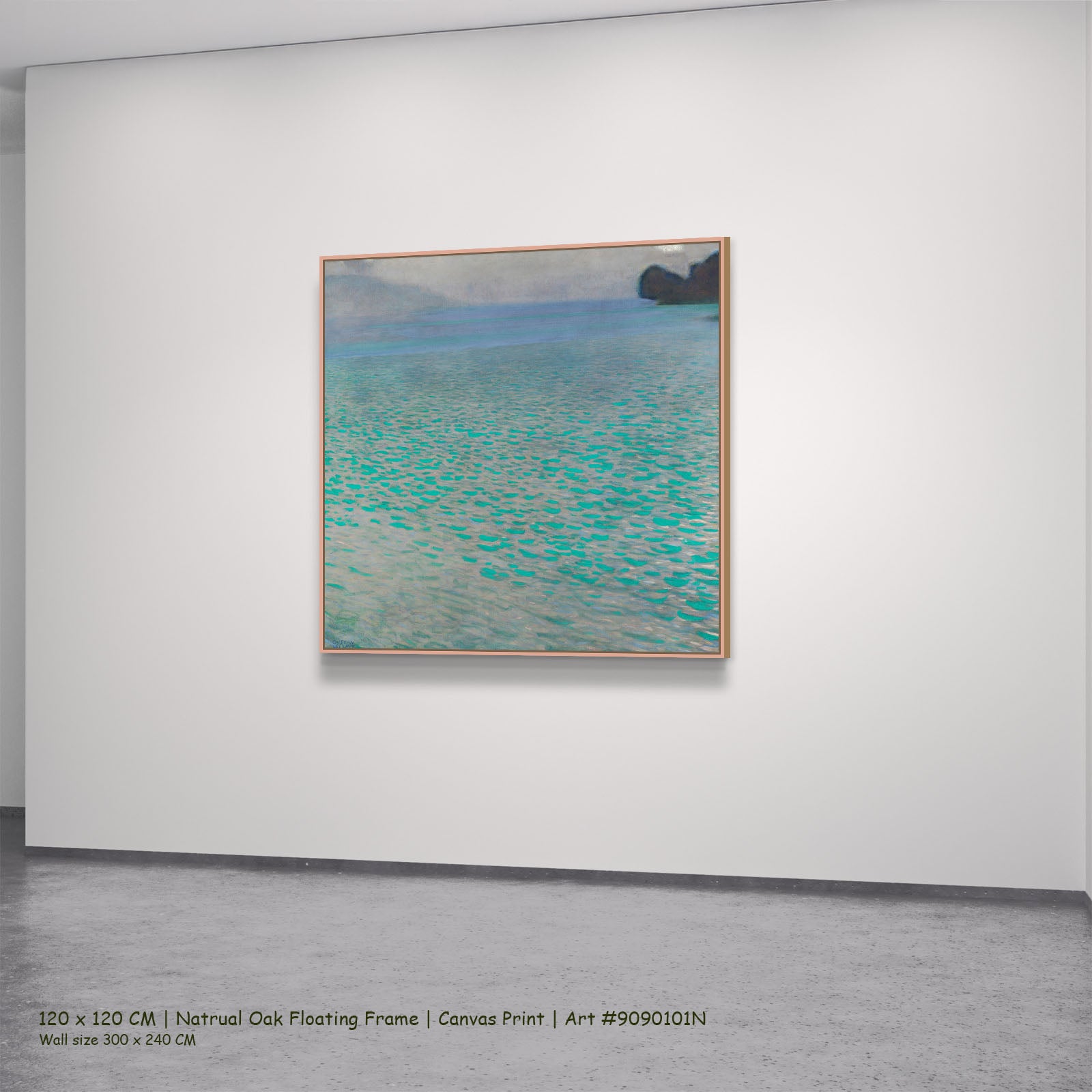 On Lake Attersee by Gustav Klimt in a natural oak floating frame, large aqua and grey Impressionist canvas