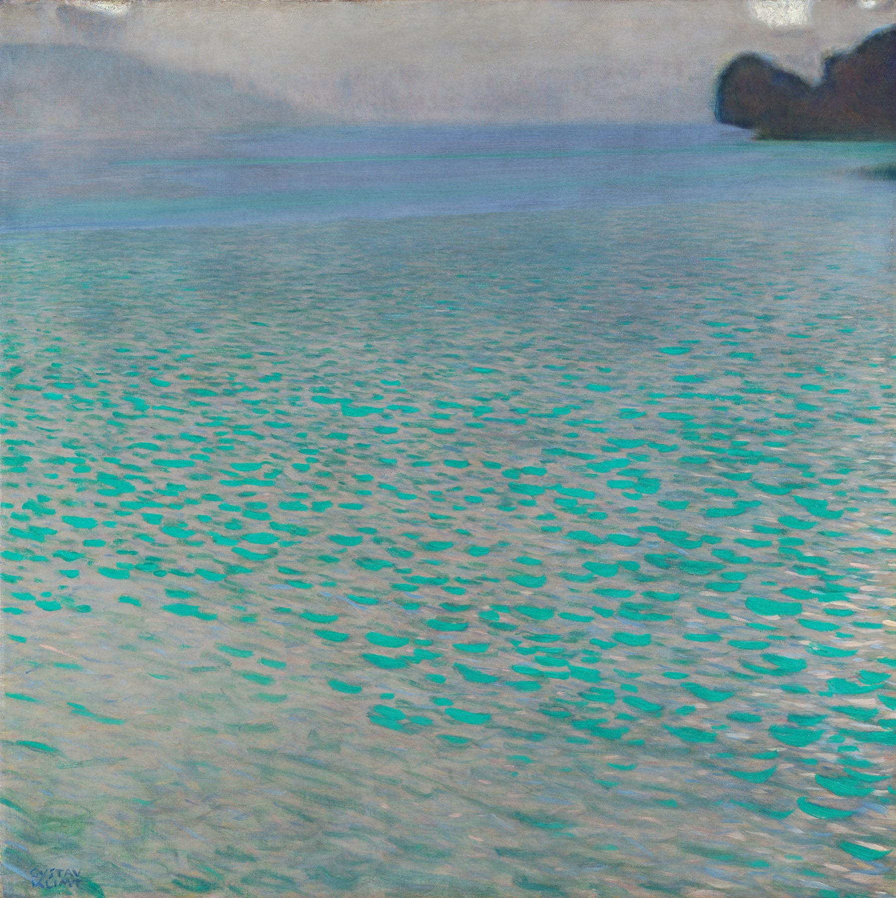 Large aqua and grey Impressionist canvas print of On Lake Attersee by Gustav Klimt