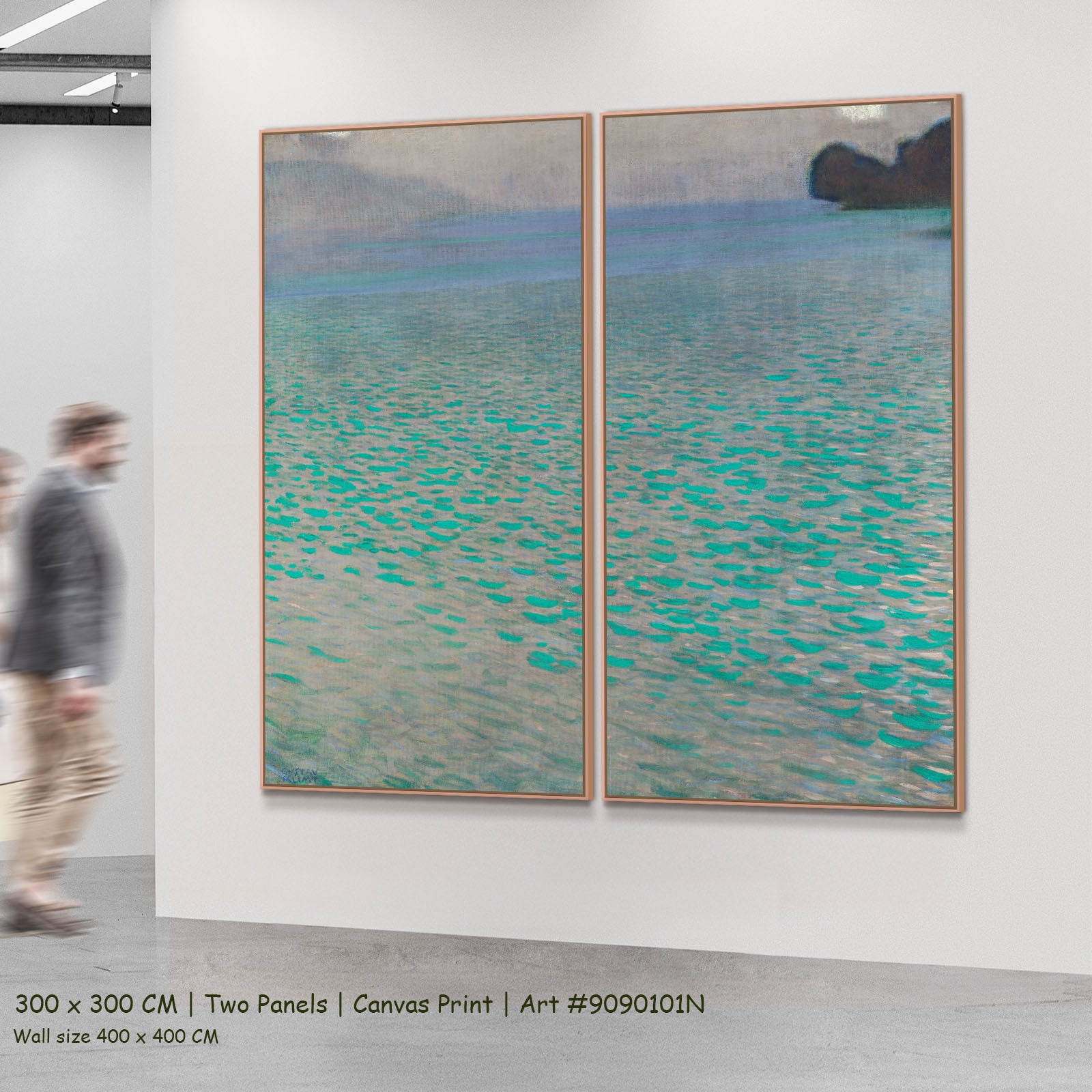 On Lake Attersee by Gustav Klimt as a large two-panel aqua and grey Impressionist canvas set