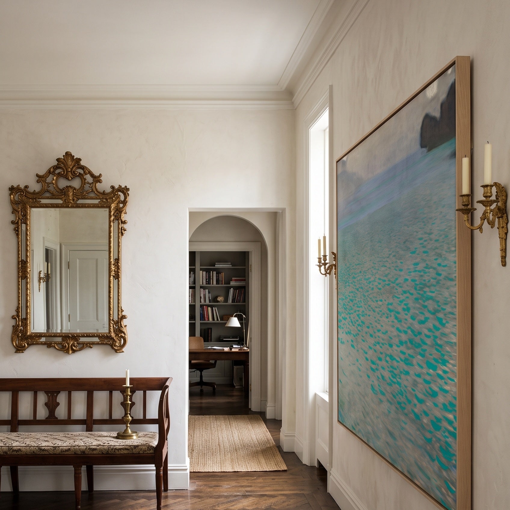 On Lake Attersee by Gustav Klimt — large aqua and grey Impressionist canvas art on a hallway wall
