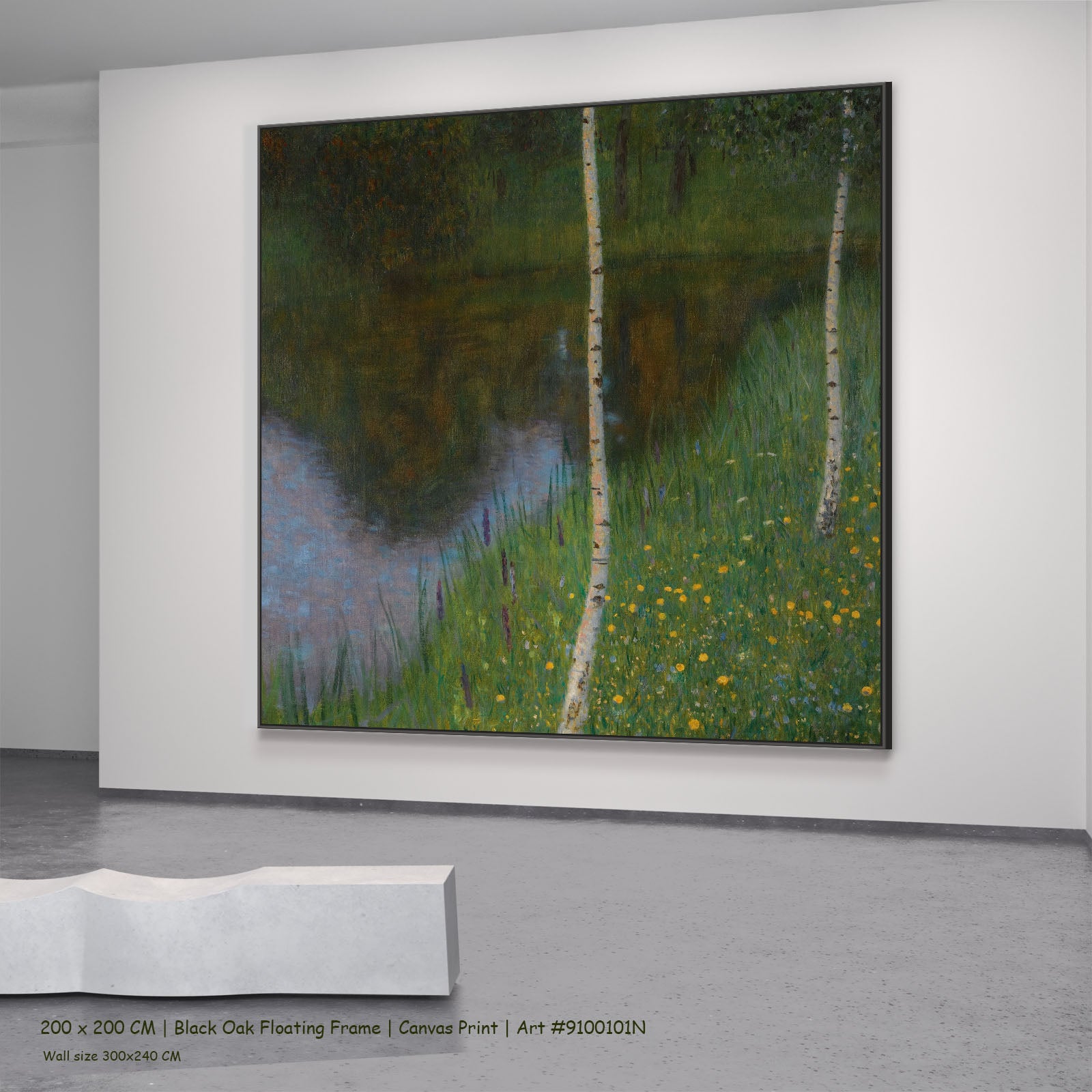 Lakeshore with Birches by Gustav Klimt in a black oak floating frame, large green and white Impressionist canvas